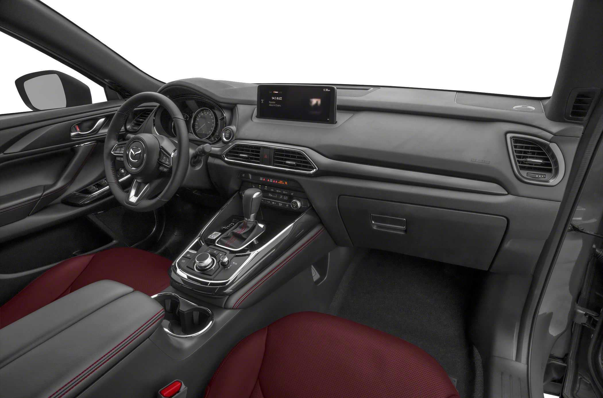 Modern dashboard and center console with red leather seats