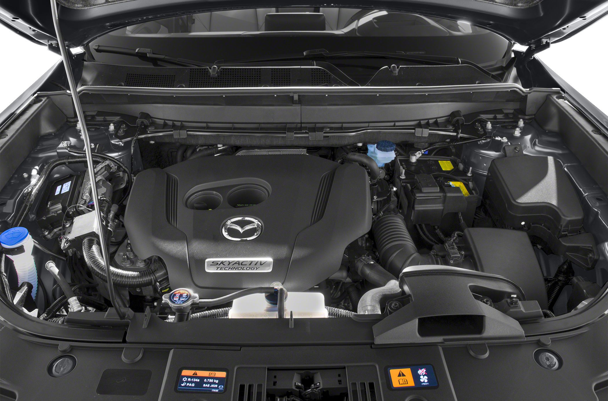 Engine bay with Skyactiv technology and key components.