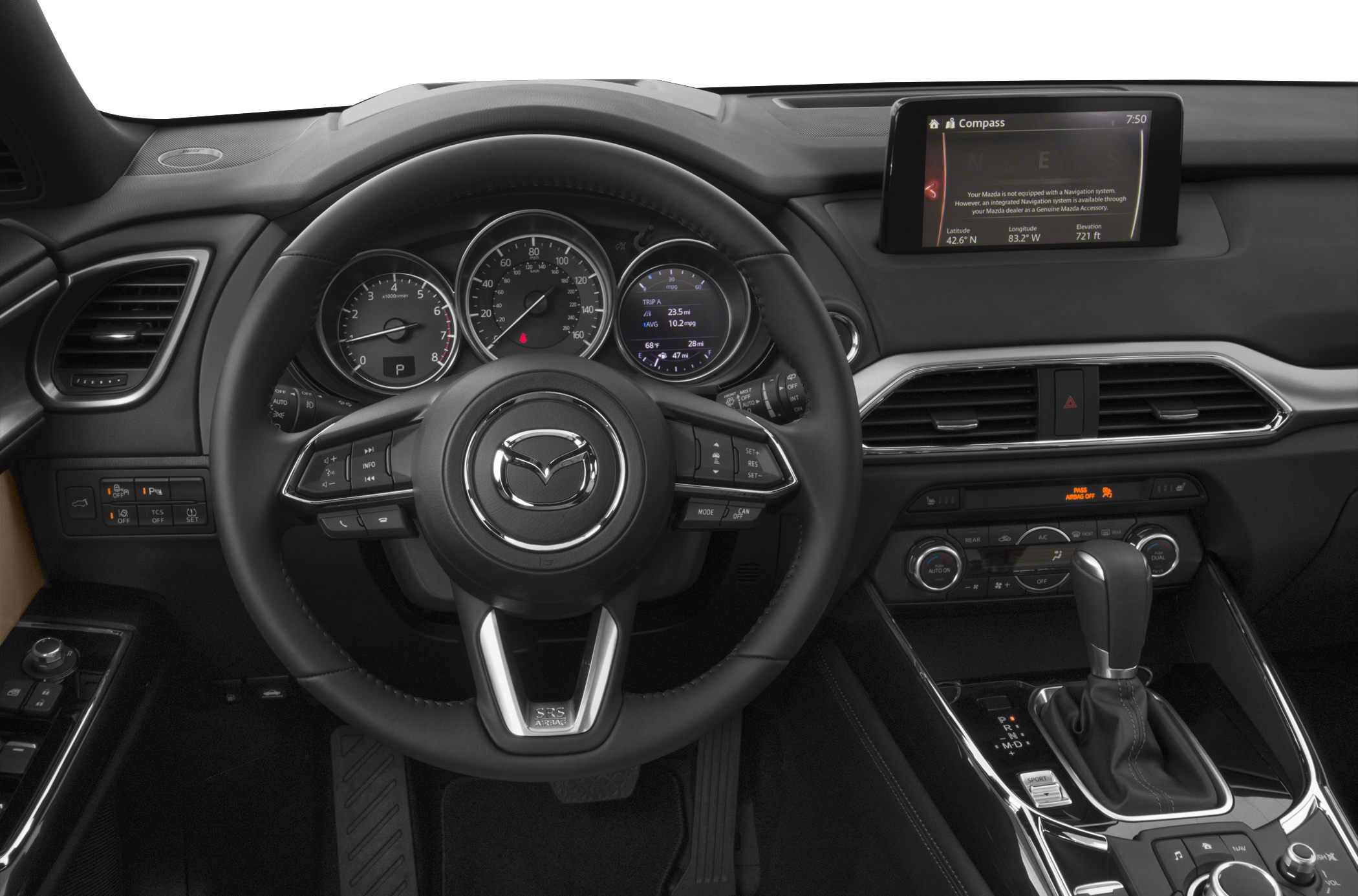 Steering wheel with controls, digital instrument cluster, infotainment screen