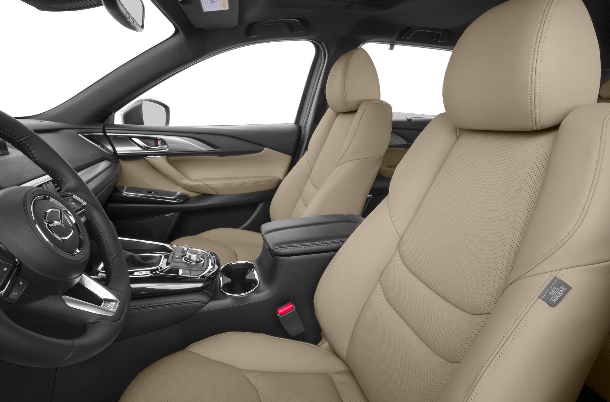 Beige leather front seats with modern center console and steering wheel