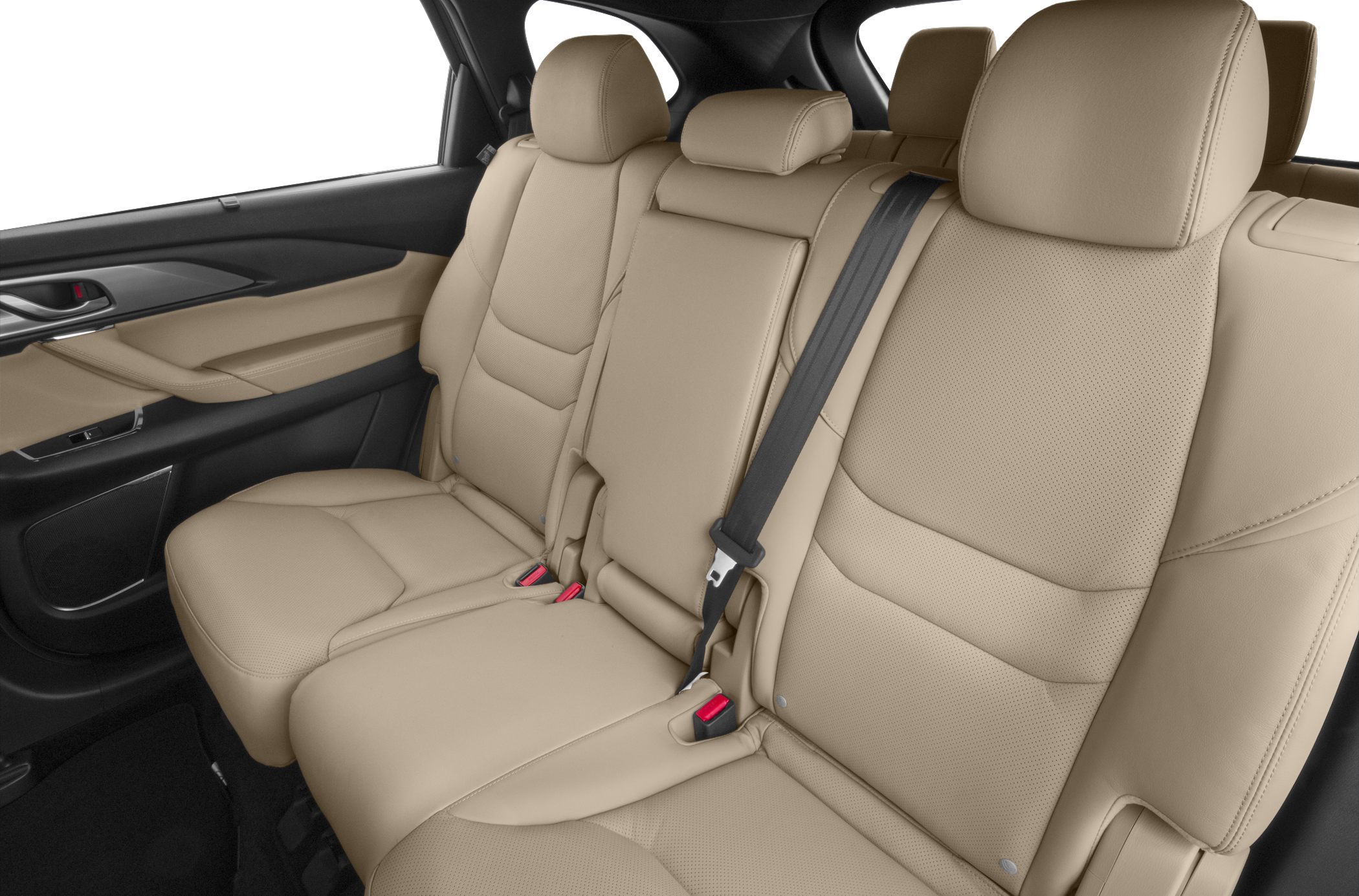 Beige leather rear seats with headrests and seatbelt