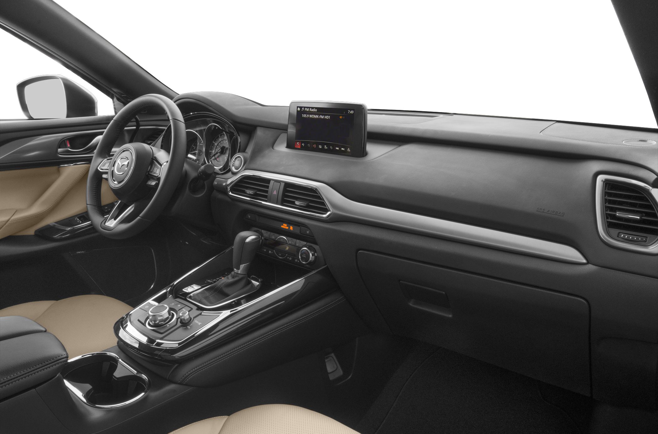 Modern car interior dashboard and center console with touchscreen and gear shifter