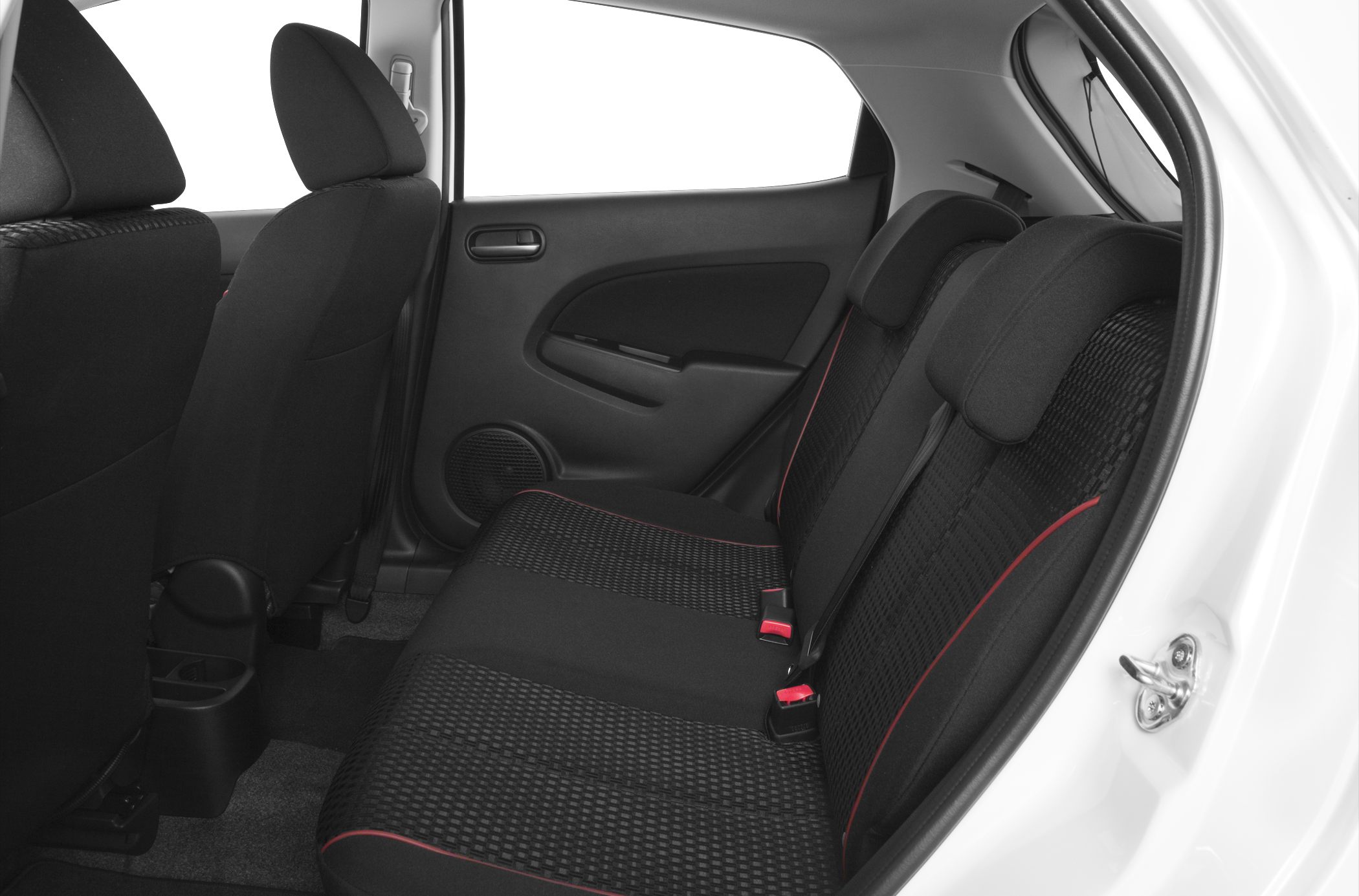Black fabric rear seats with red stitching and headrests