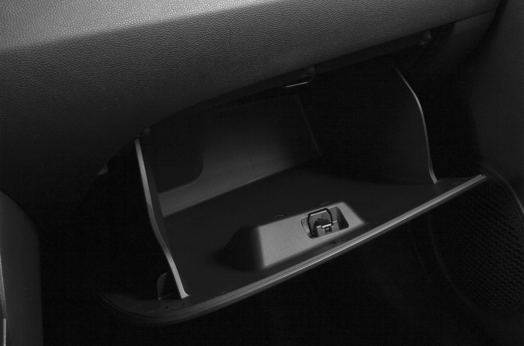 Open glove box compartment with latch and contoured storage space