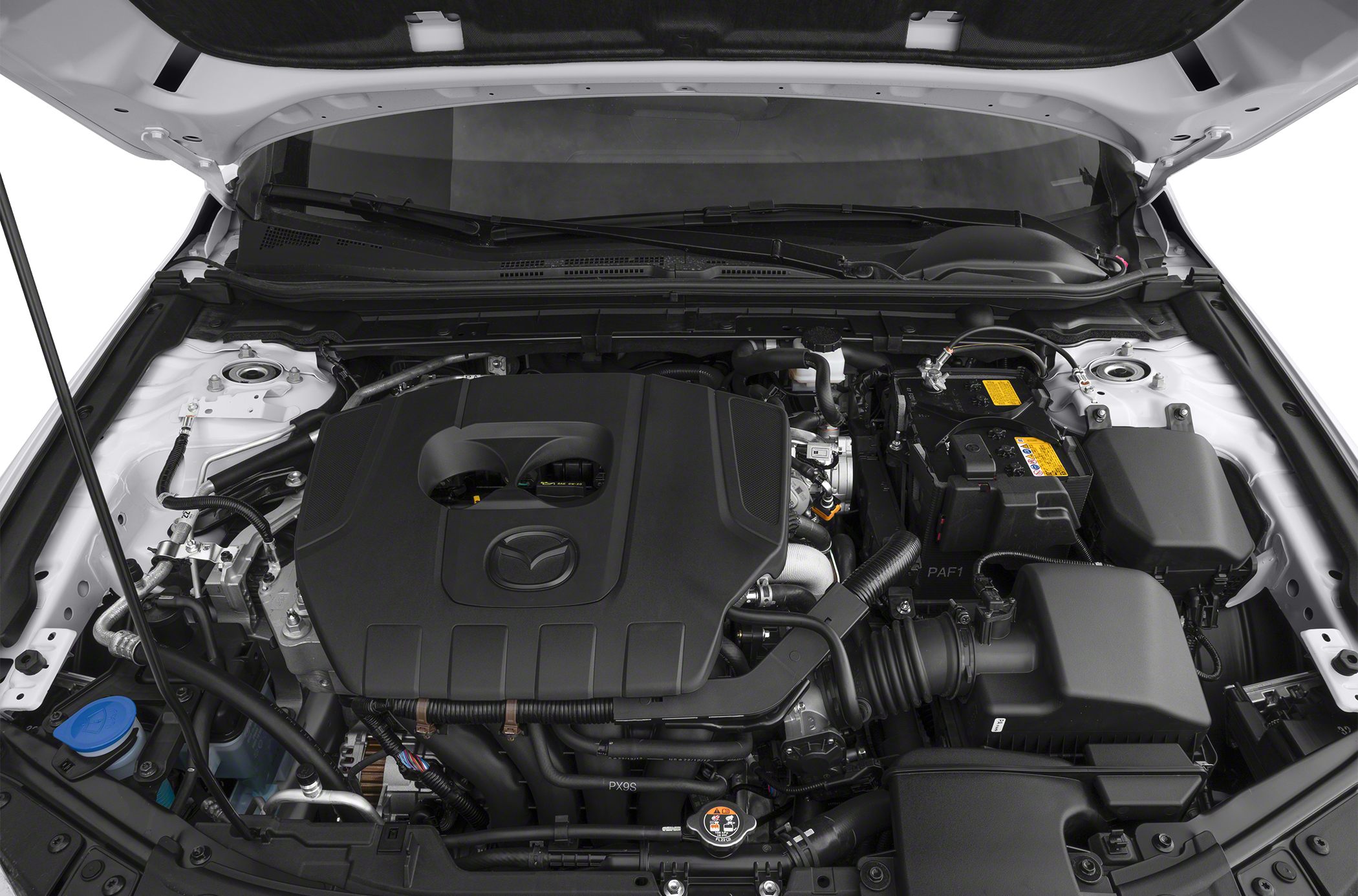 Front view of engine bay with prominent engine cover and components