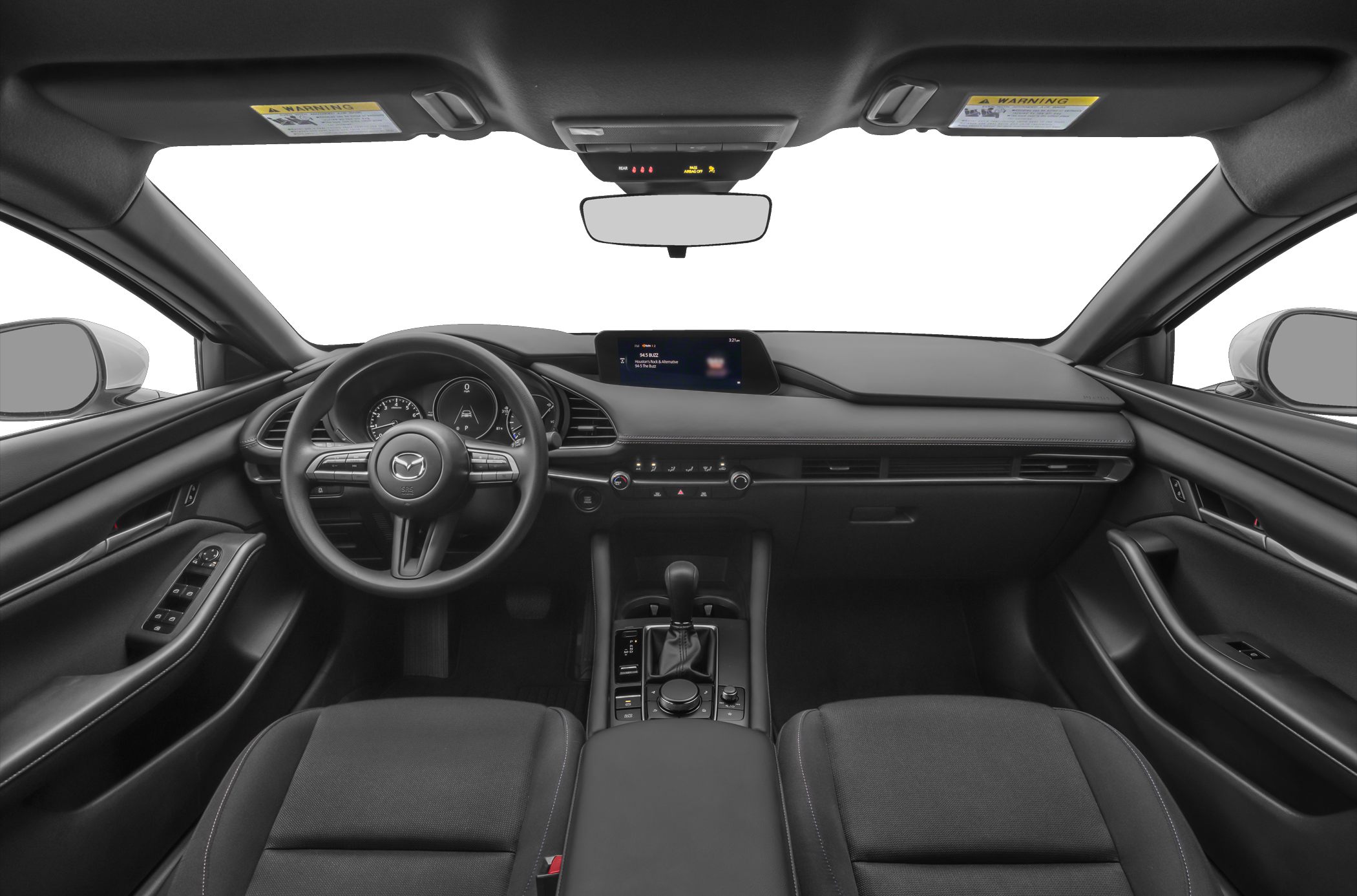Interior view showing dashboard, steering wheel, and infotainment system