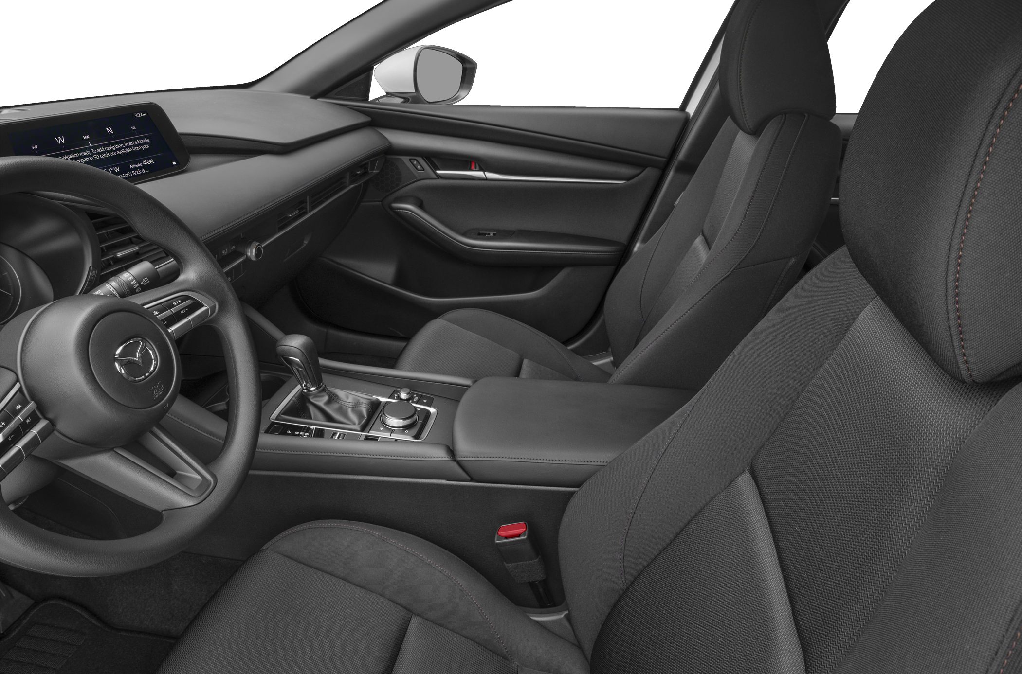 Modern dashboard and sporty front seats of a car interior
