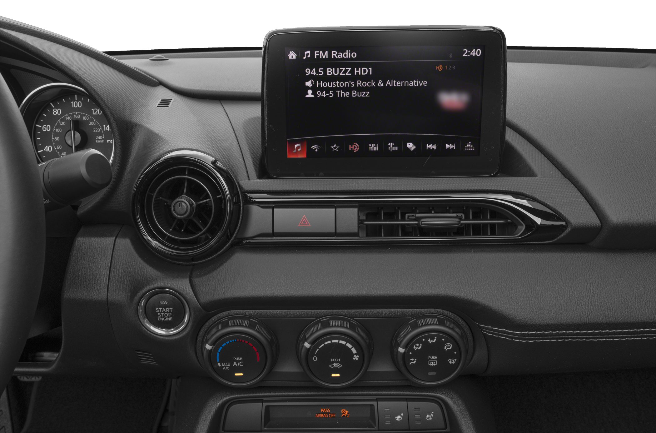 Dashboard with infotainment screen and control knobs