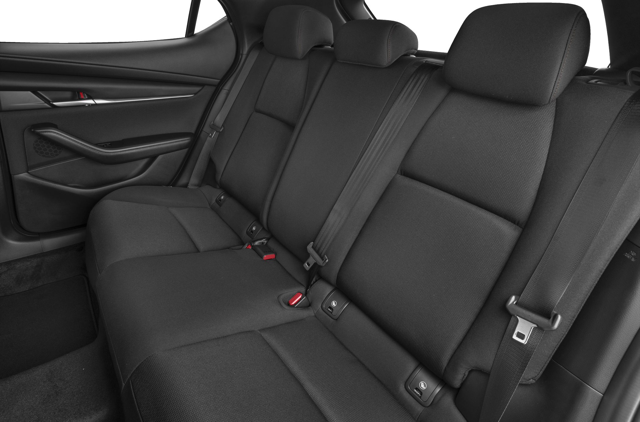 Black fabric rear bench seat with three headrests and integrated seat belts