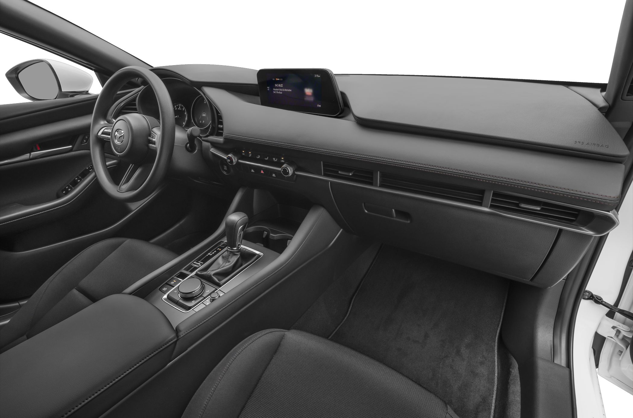 Modern dashboard and center console with infotainment screen and steering wheel