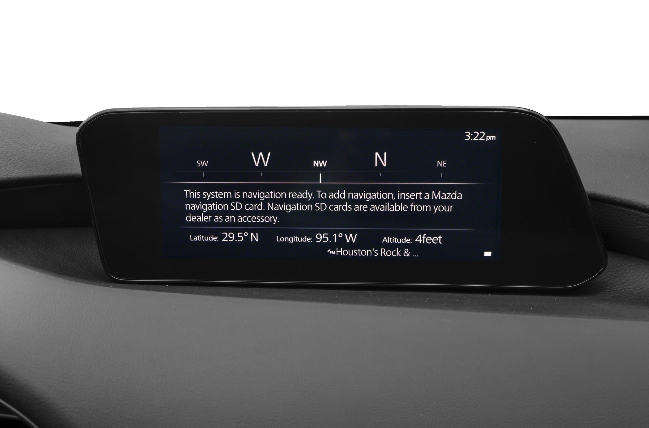 In-car navigation display screen showing navigation readiness and coordinates