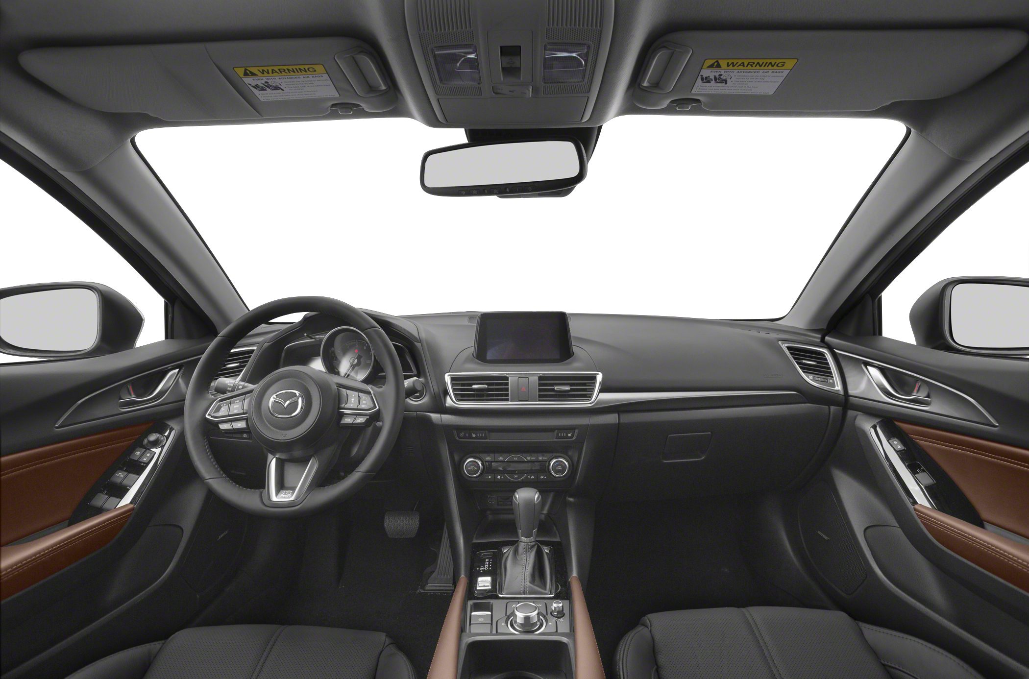 Interior dashboard with steering wheel, infotainment, and center console