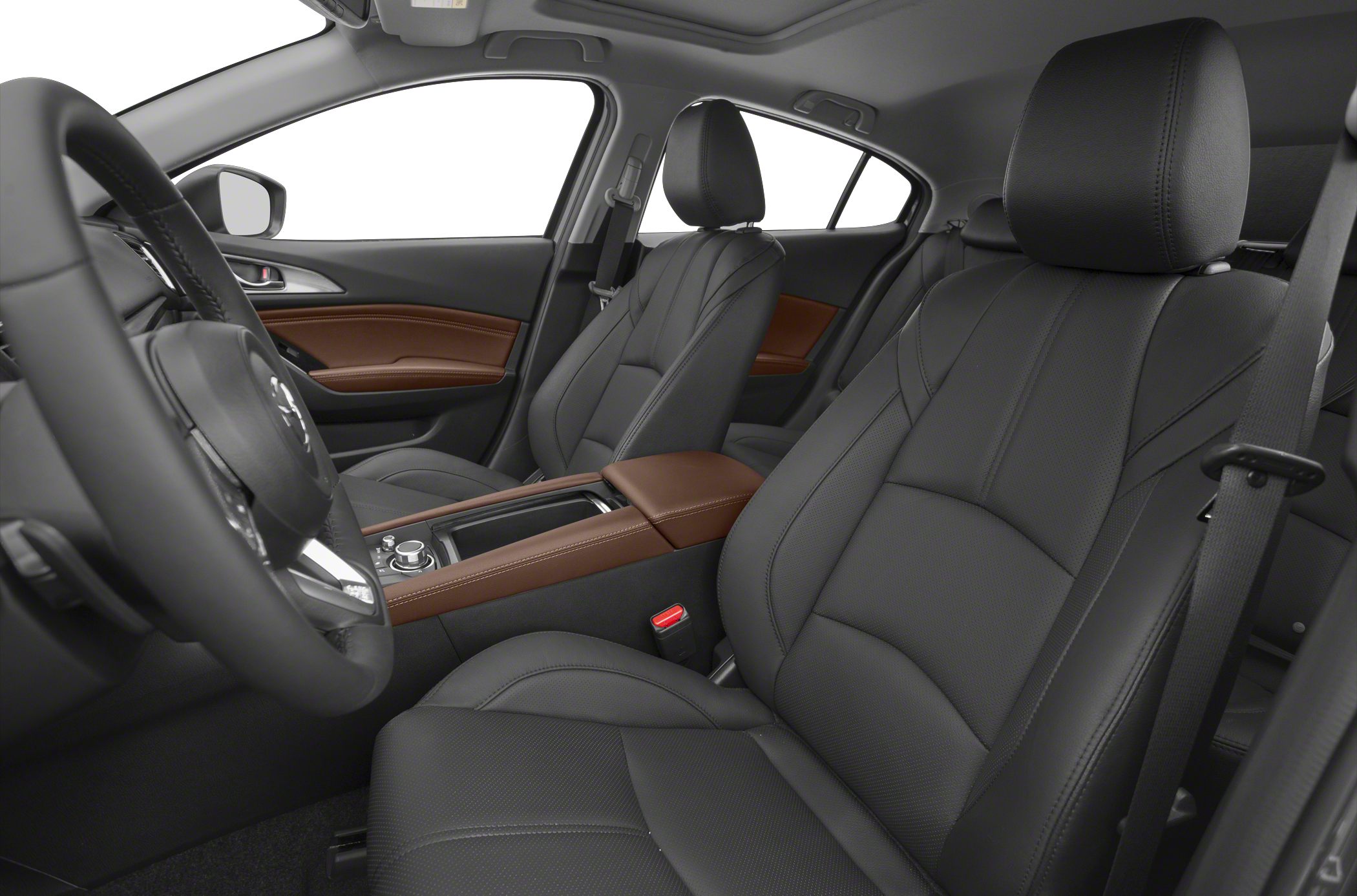 Black leather seats with brown accent dashboard trim