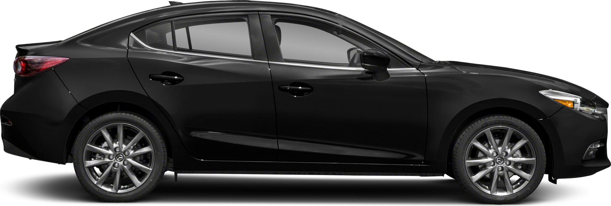 Side profile of a black sedan with alloy wheels and sleek contours