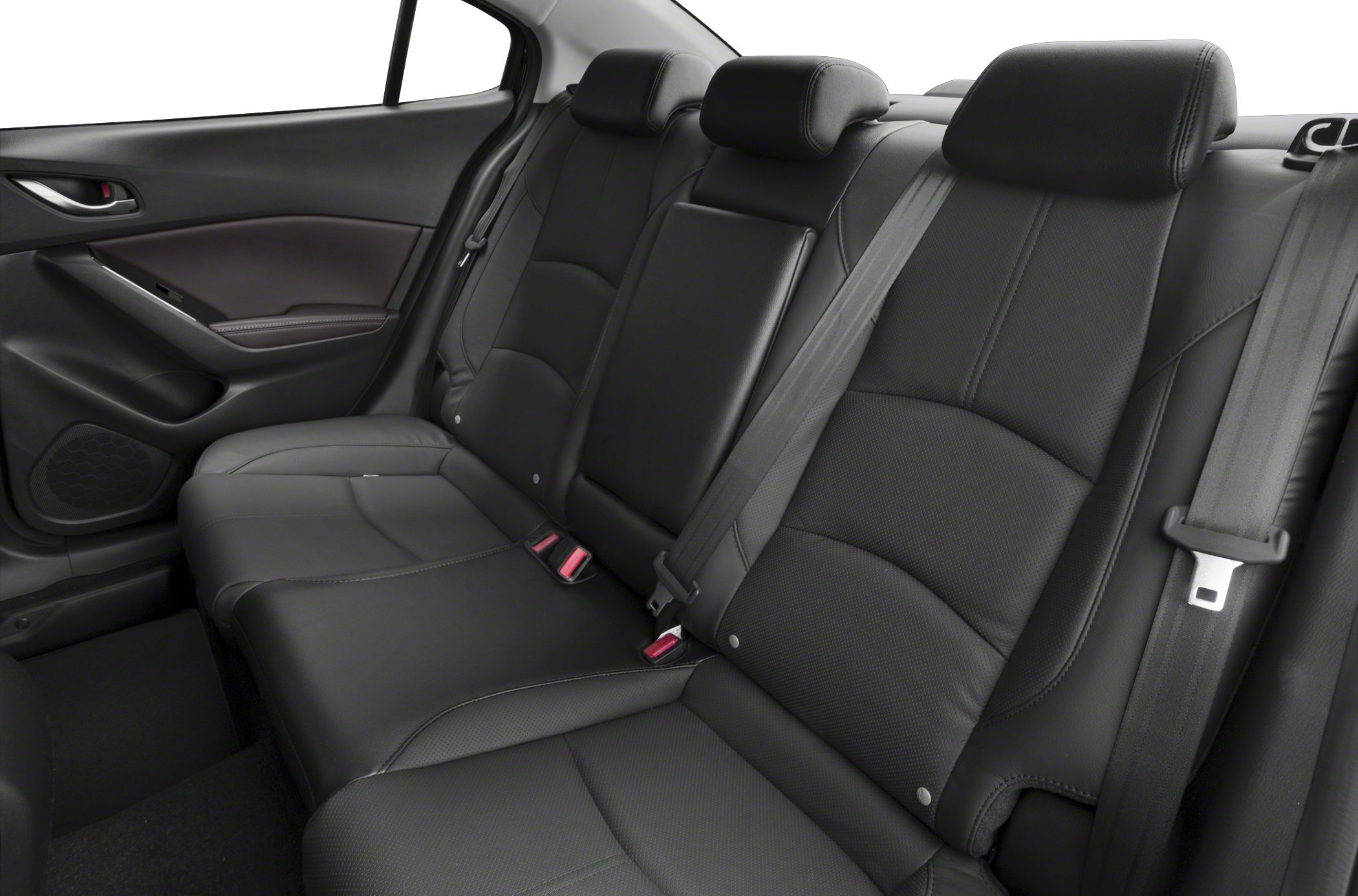 Rear seat interior with black leather upholstery and three headrests