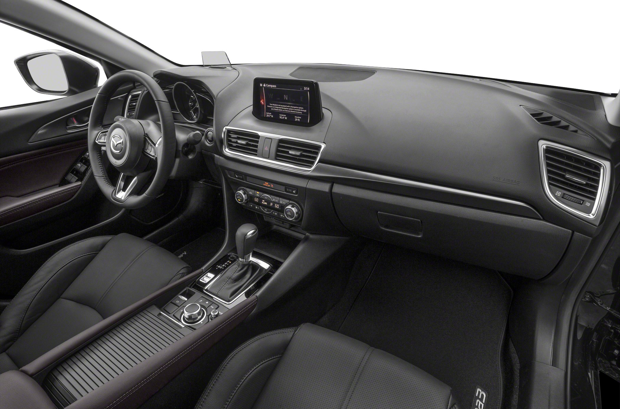 Dashboard, steering wheel, infotainment screen, center console with gear shift