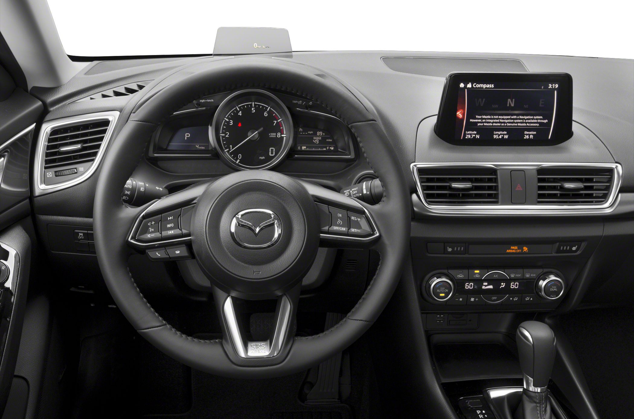 Steering wheel and dashboard with digital displays and infotainment system