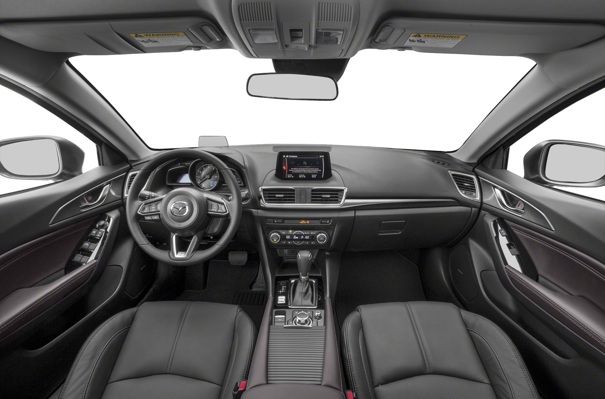 Modern car interior with dashboard, steering wheel and infotainment display