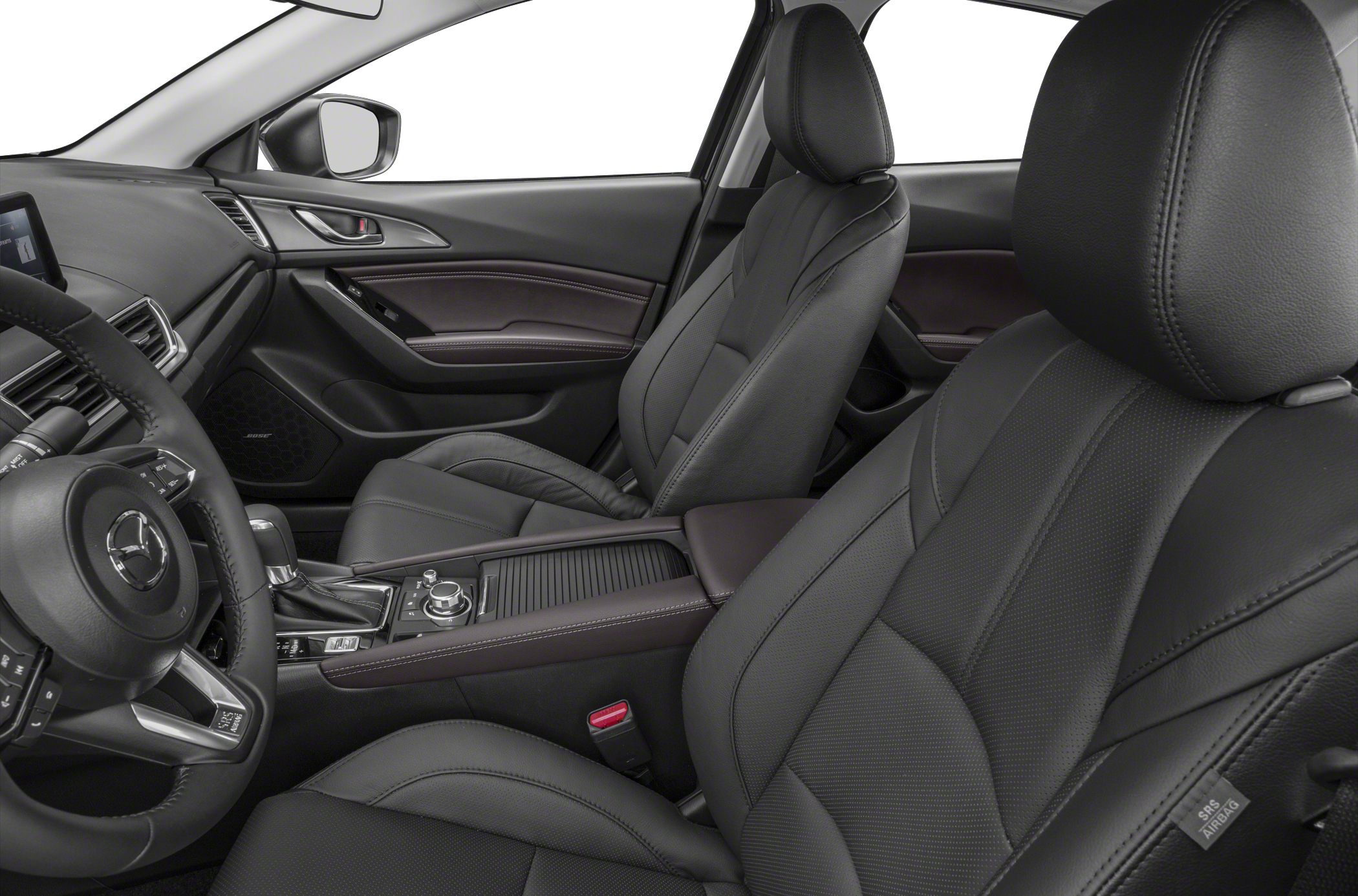 Black leather seats and modern dashboard with infotainment controls