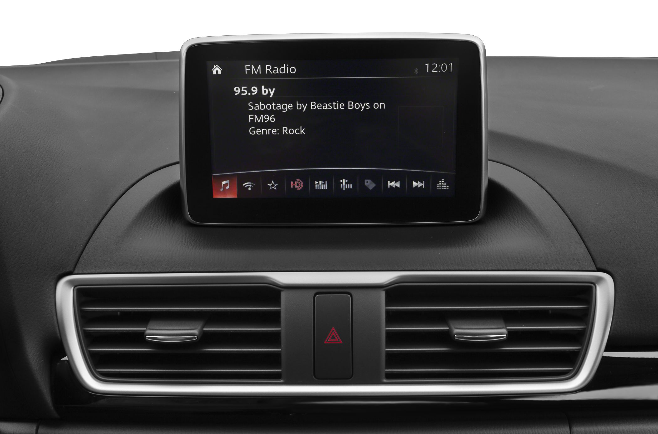 Car dashboard infotainment screen with FM HD radio and connectivity icons
