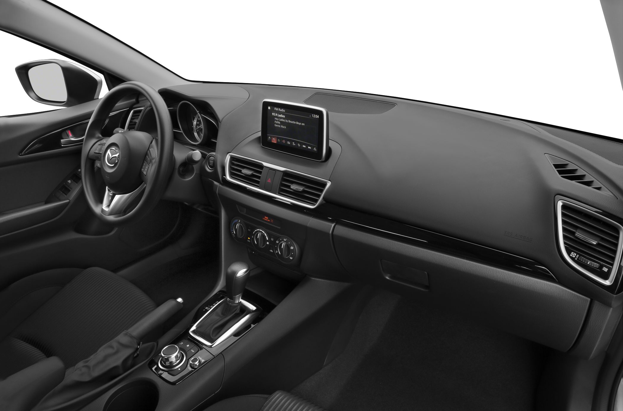 Dashboard, infotainment screen, steering wheel, and automatic gear shift