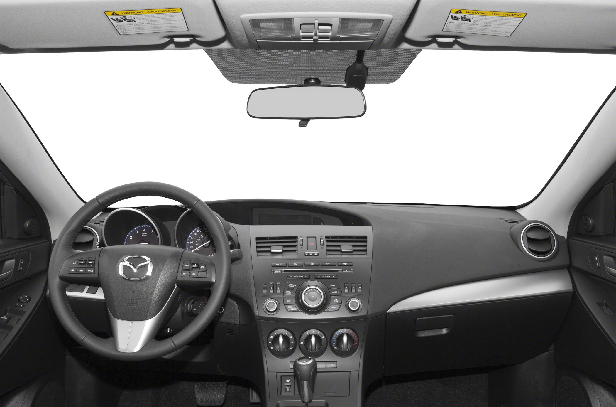 Steering wheel with controls and central dashboard with climate and audio controls