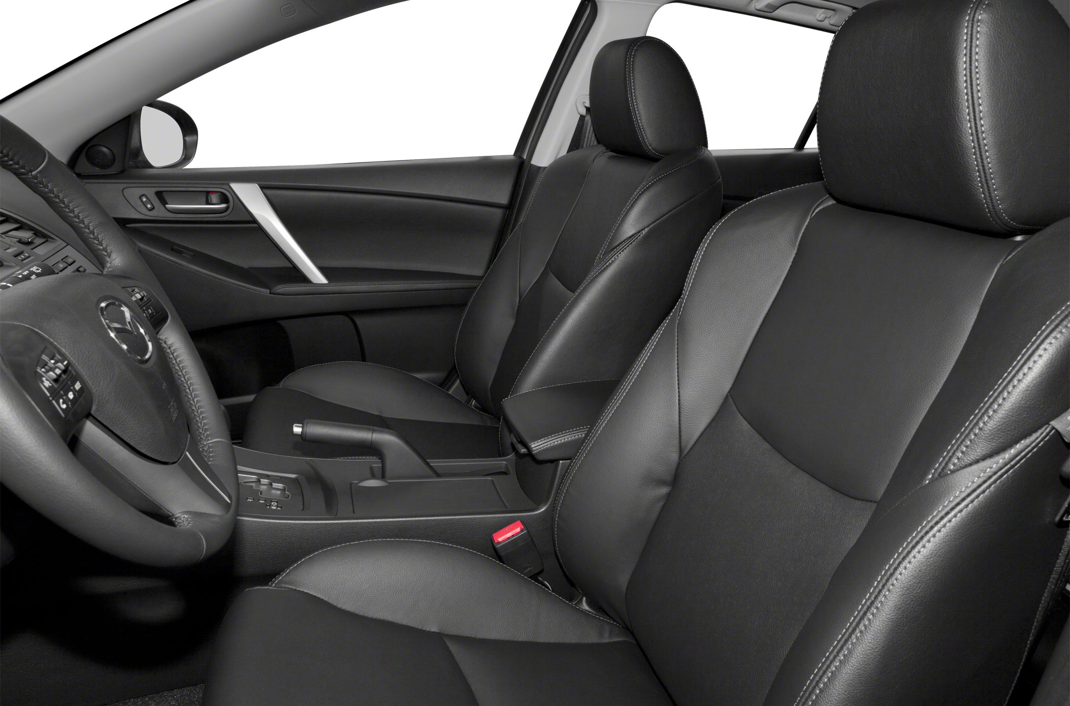 Black leather front seats and modern car interior with automatic transmission