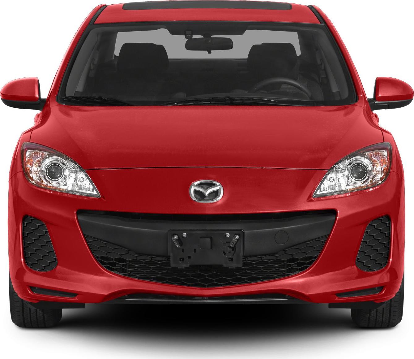 Front view of a red sedan with distinct headlights and grille