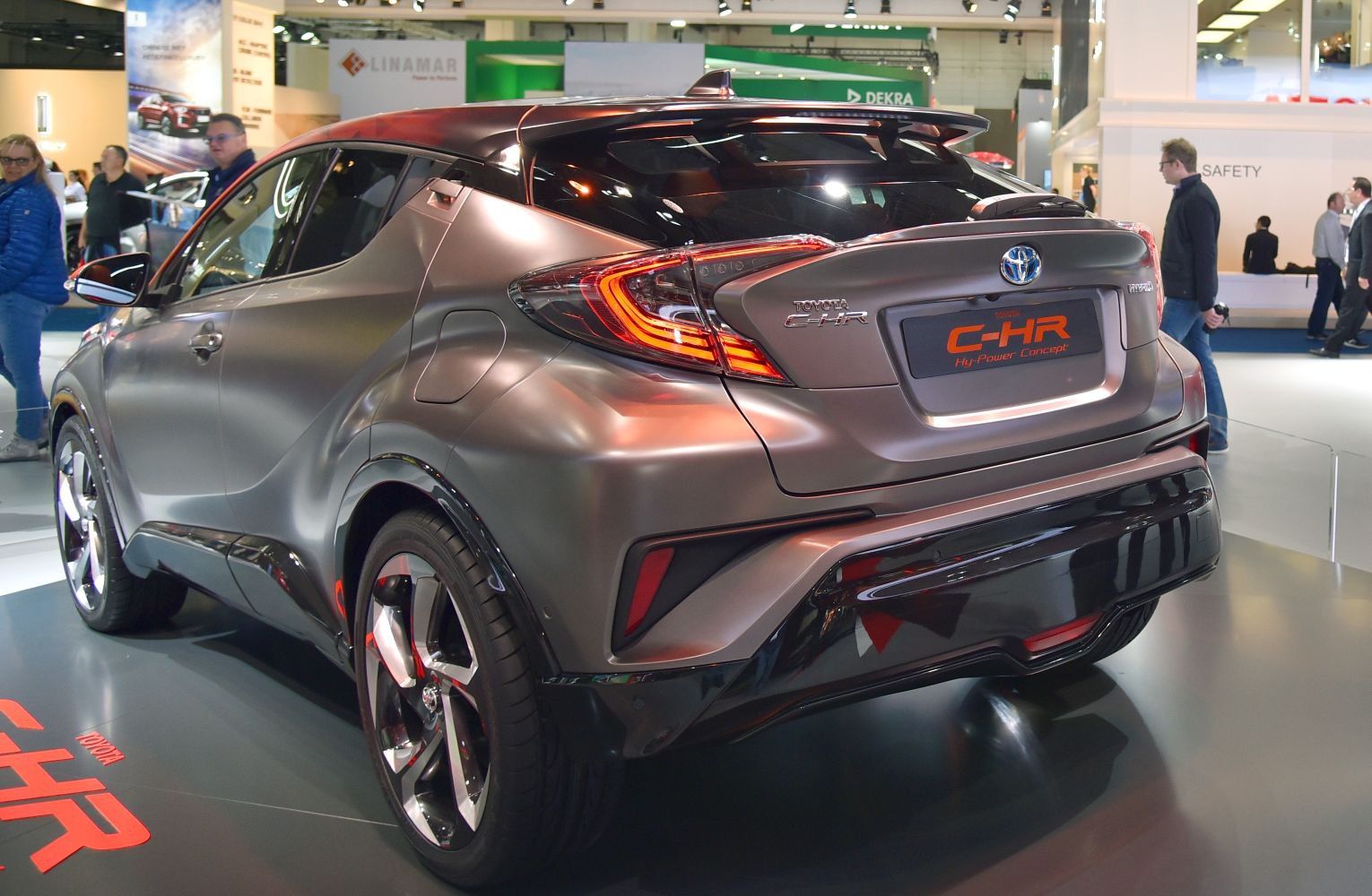 Rear view with futuristic taillights and sporty rear diffuser on concept vehicle
