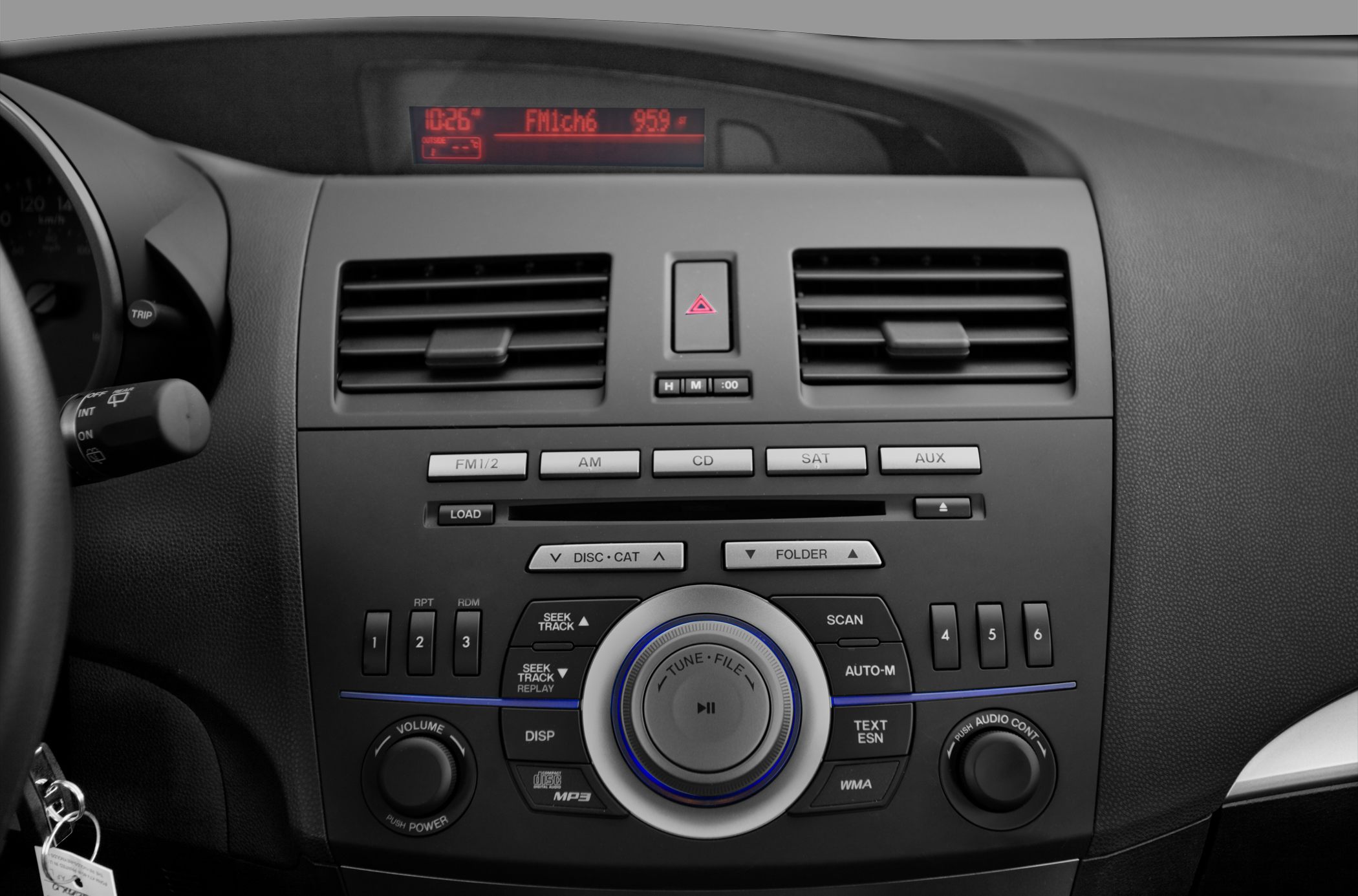 Car dashboard audio system and central air vents with control buttons