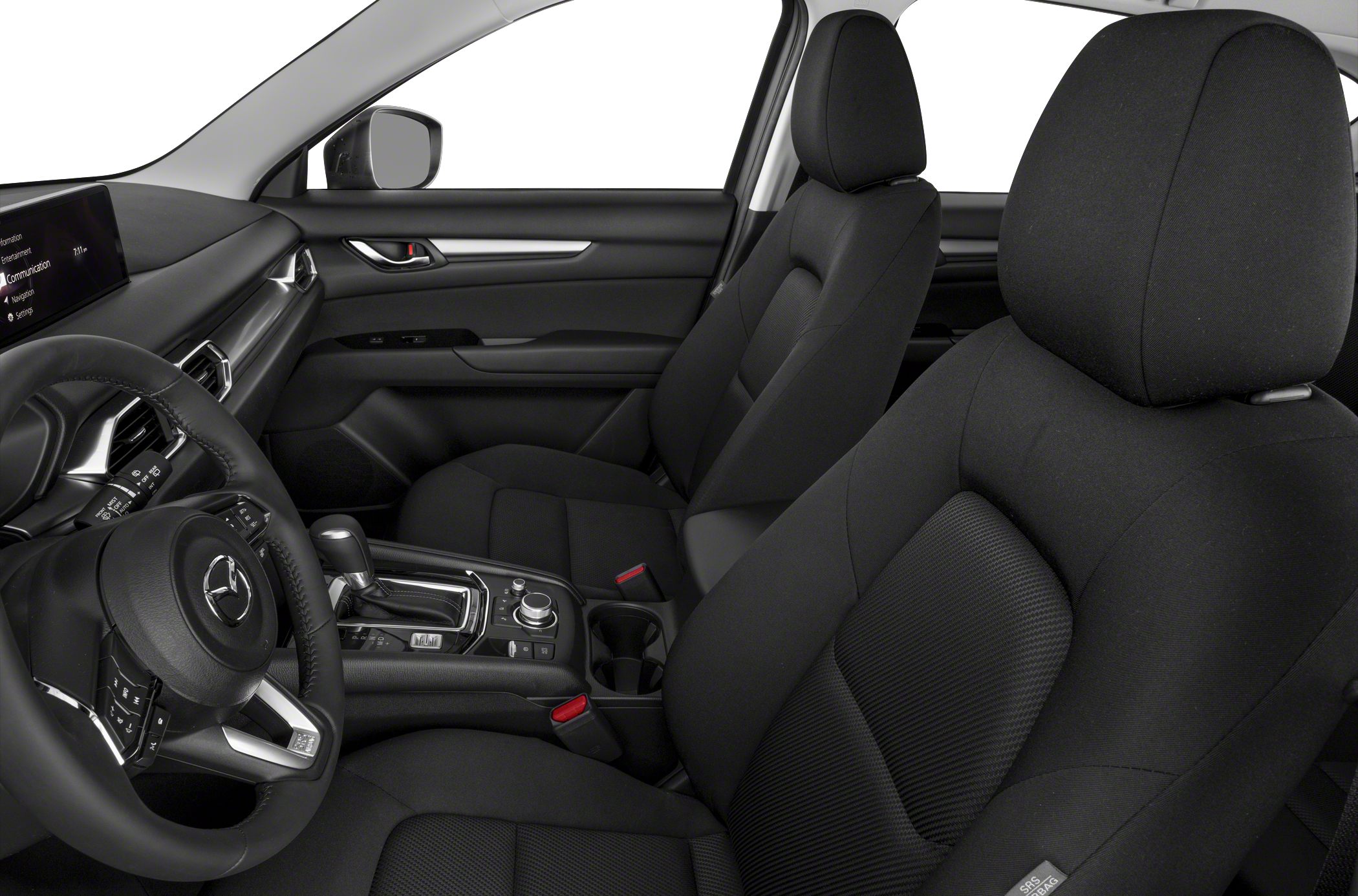 Modern car interior with dashboard, center console, and front seats