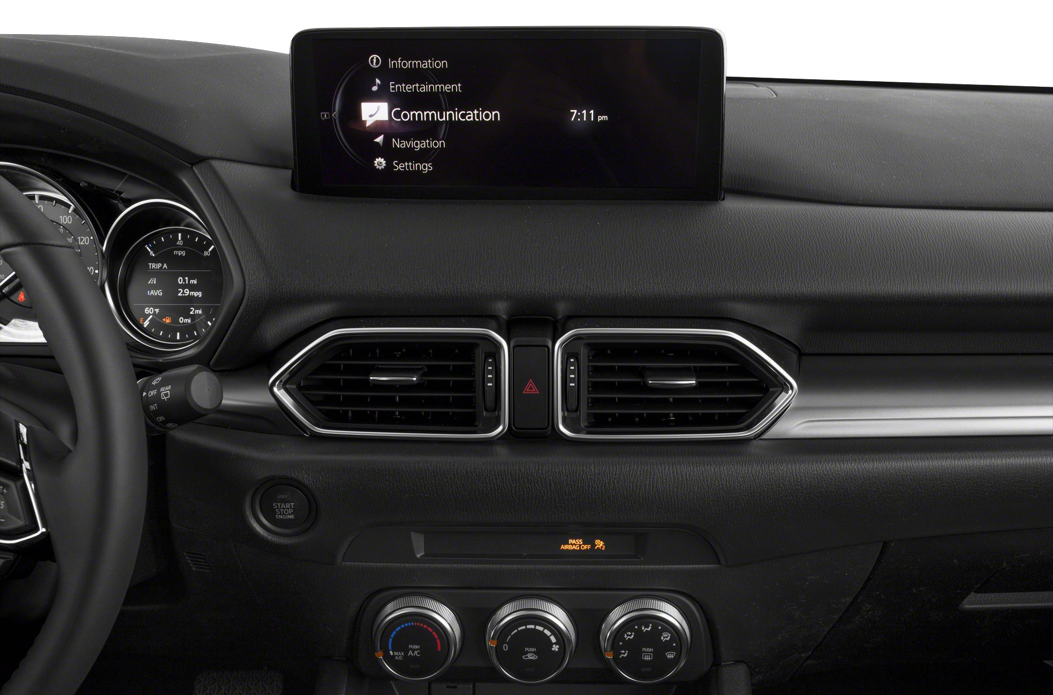 Dashboard air vents, infotainment screen, and climate control knobs