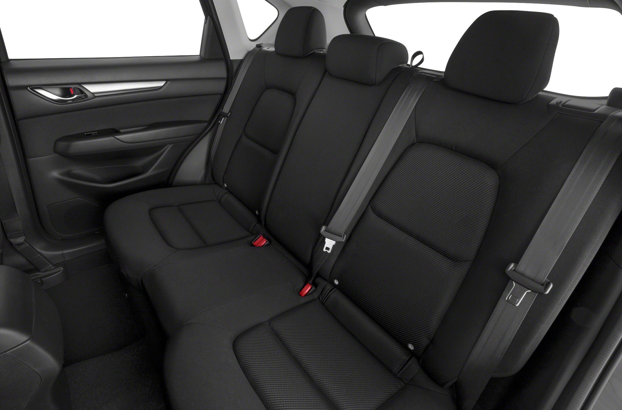 Rear seat with black fabric upholstery and seatbelts