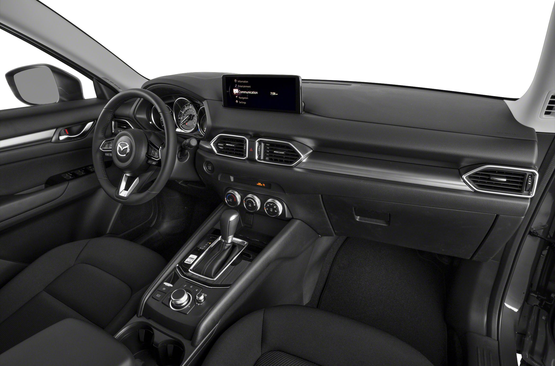 Dashboard, infotainment screen, automatic gear shifter, steering wheel