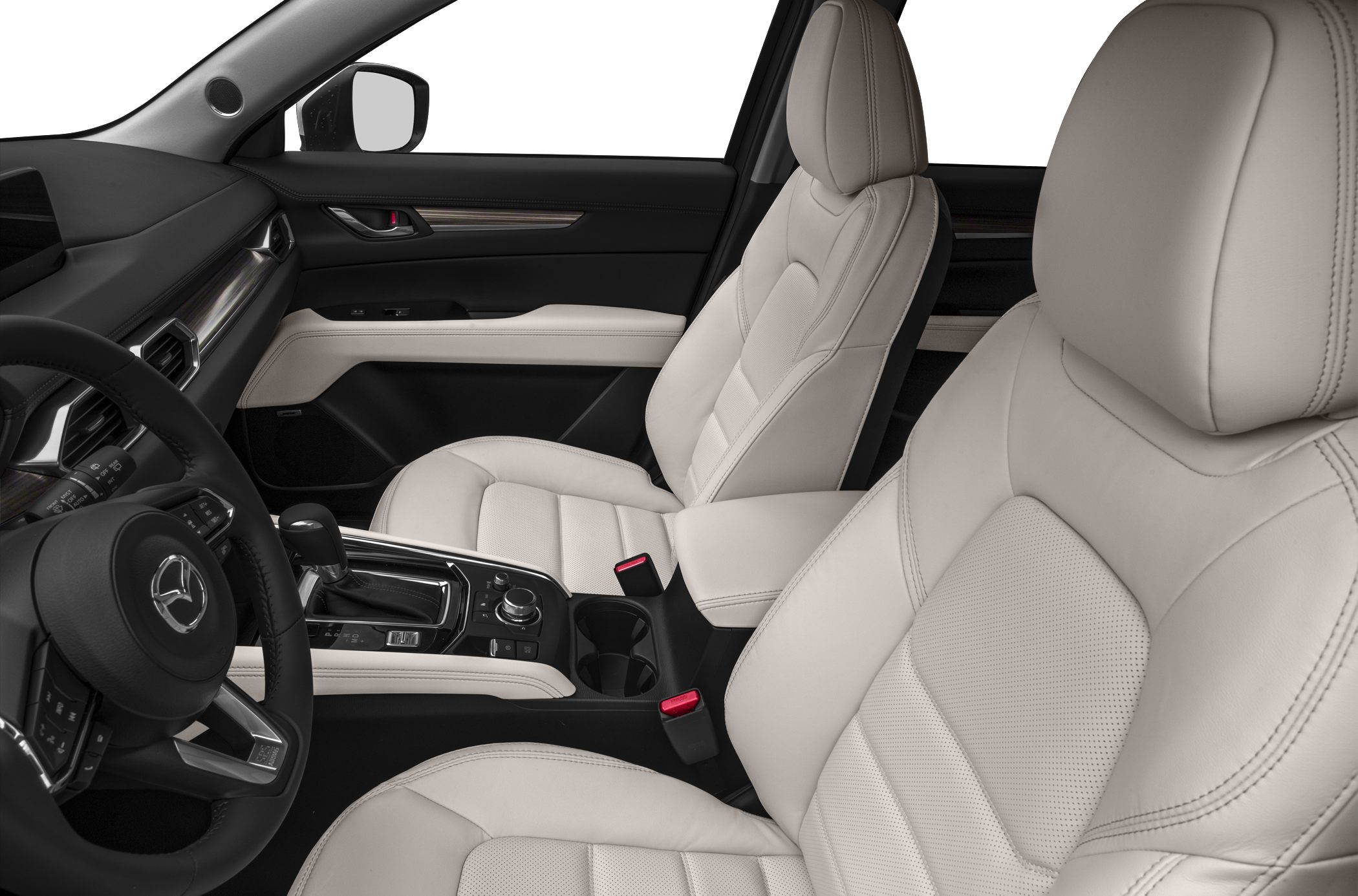 Premium leather front seats and detailed center console in car interior