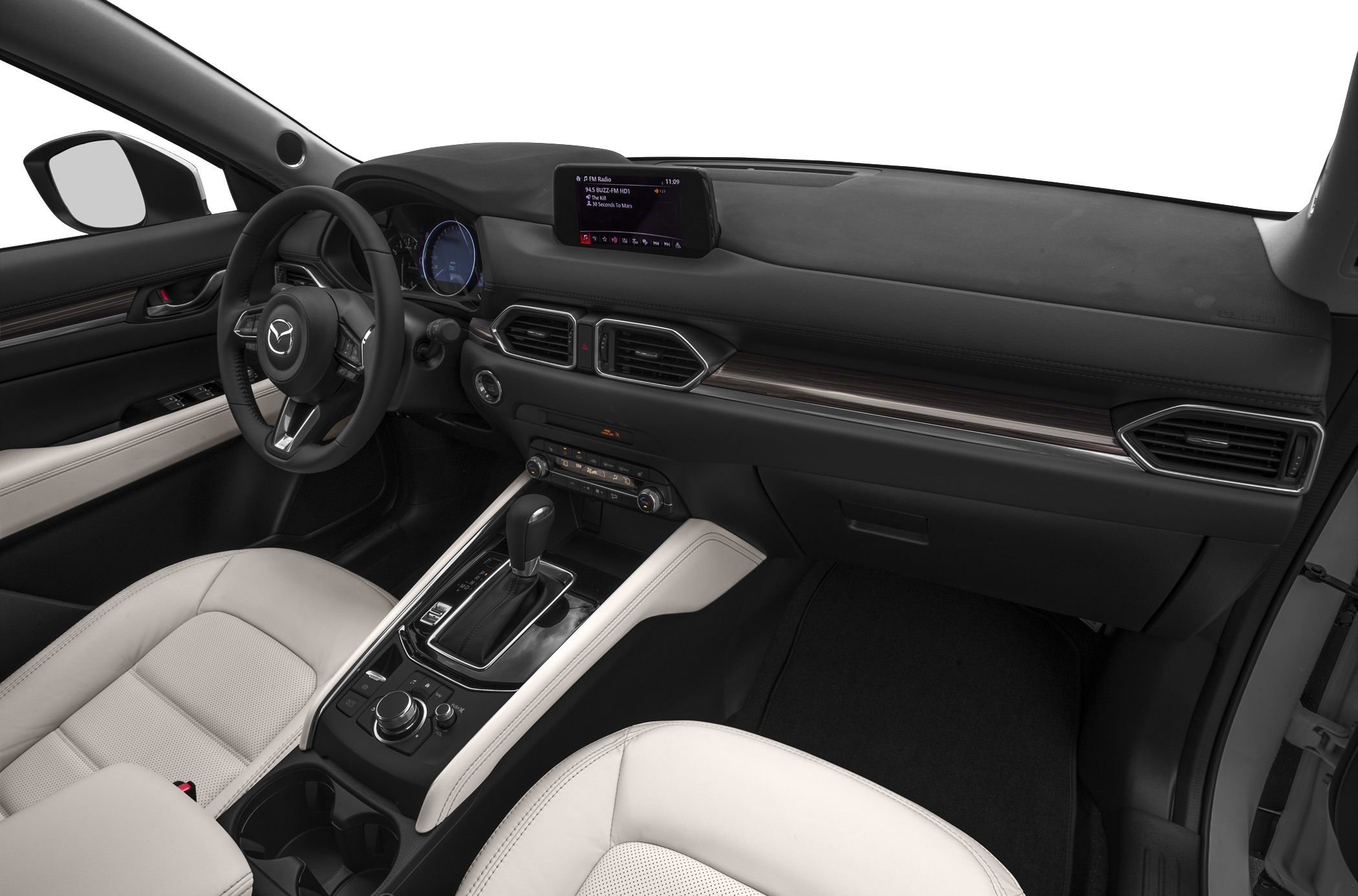 Sleek dashboard with infotainment screen and center console with gear shift