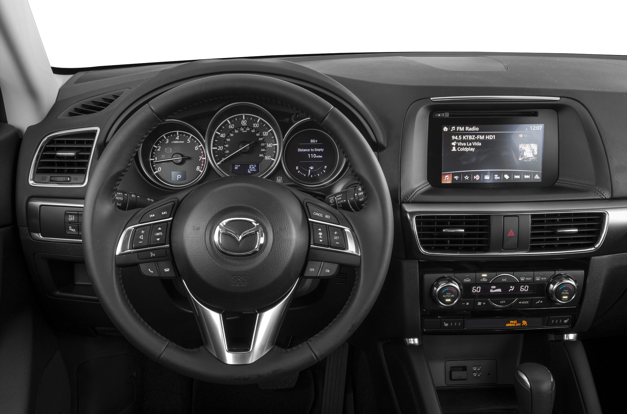 Dashboard, steering wheel, and infotainment system interior view