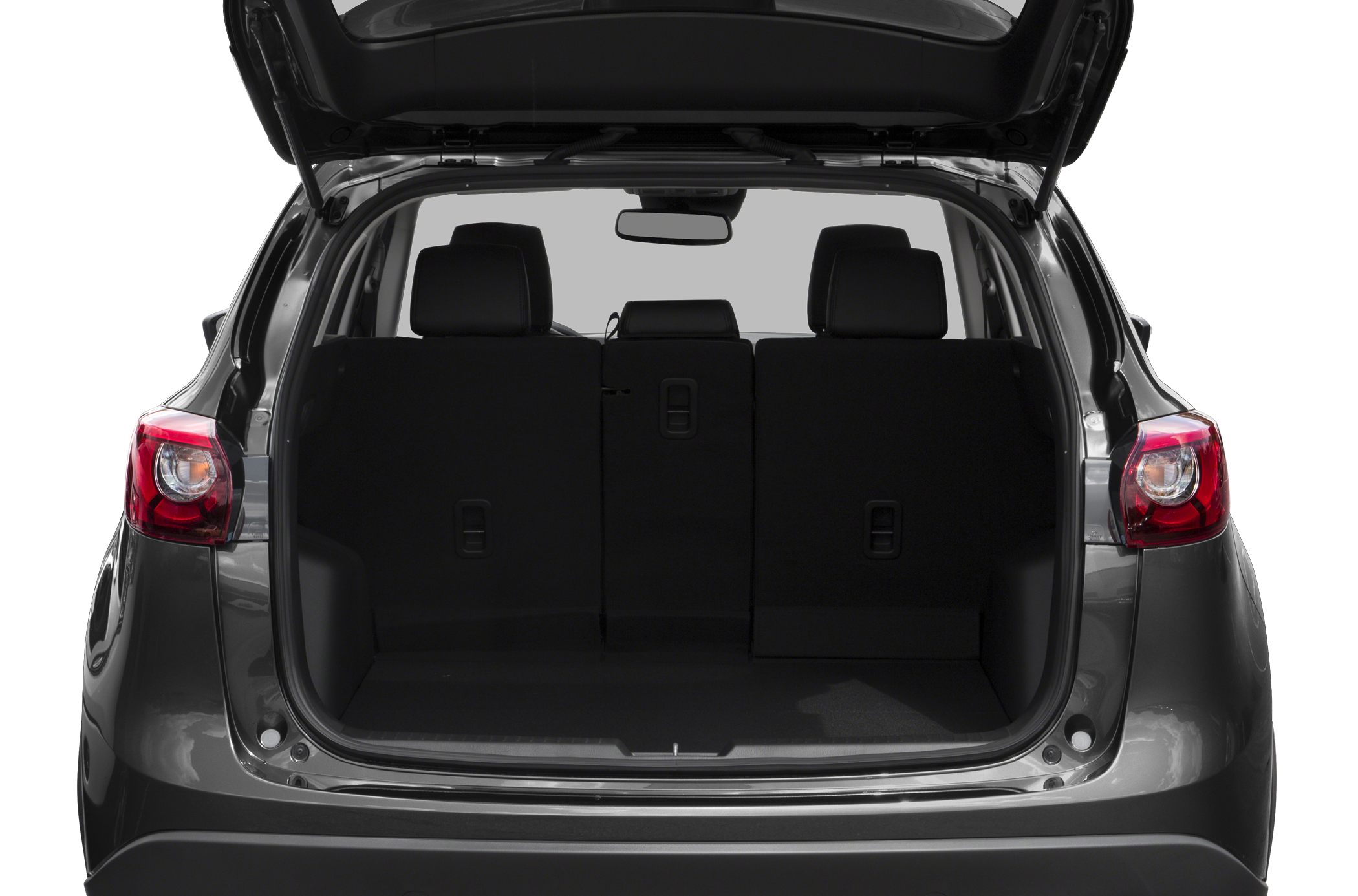 Rear open trunk with spacious cargo area and rear seats.