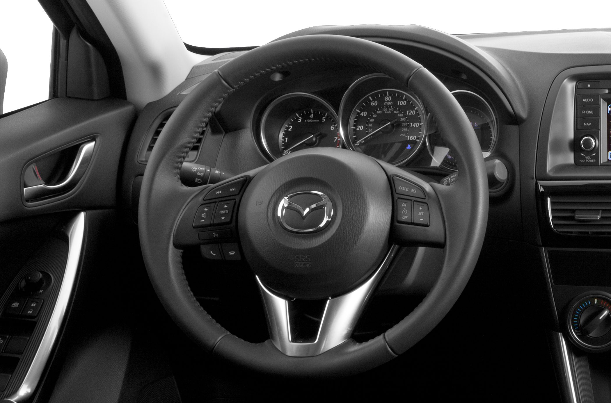 Steering wheel with control buttons and dashboard gauges