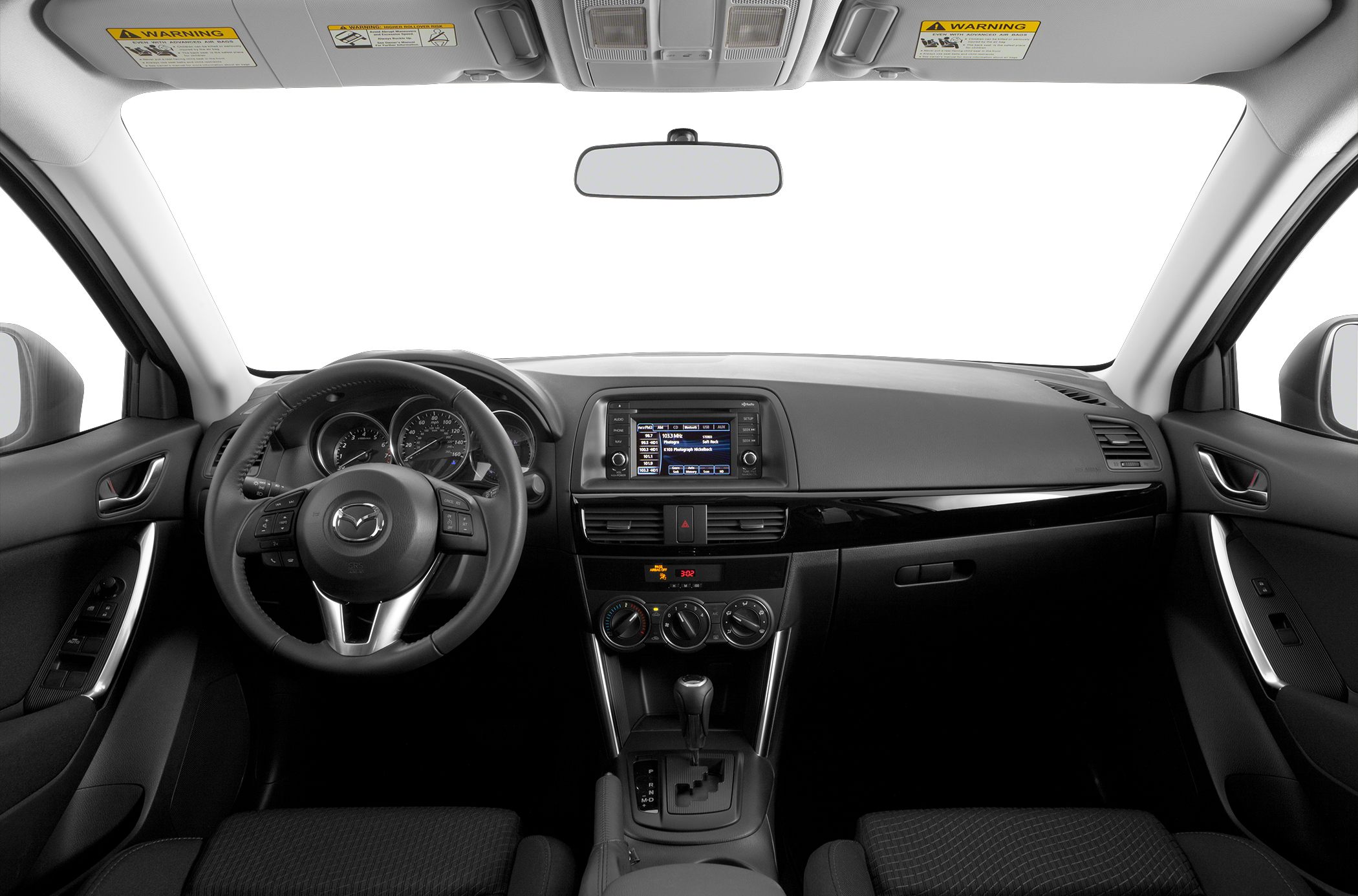 Car interior dashboard and steering wheel with center console and controls