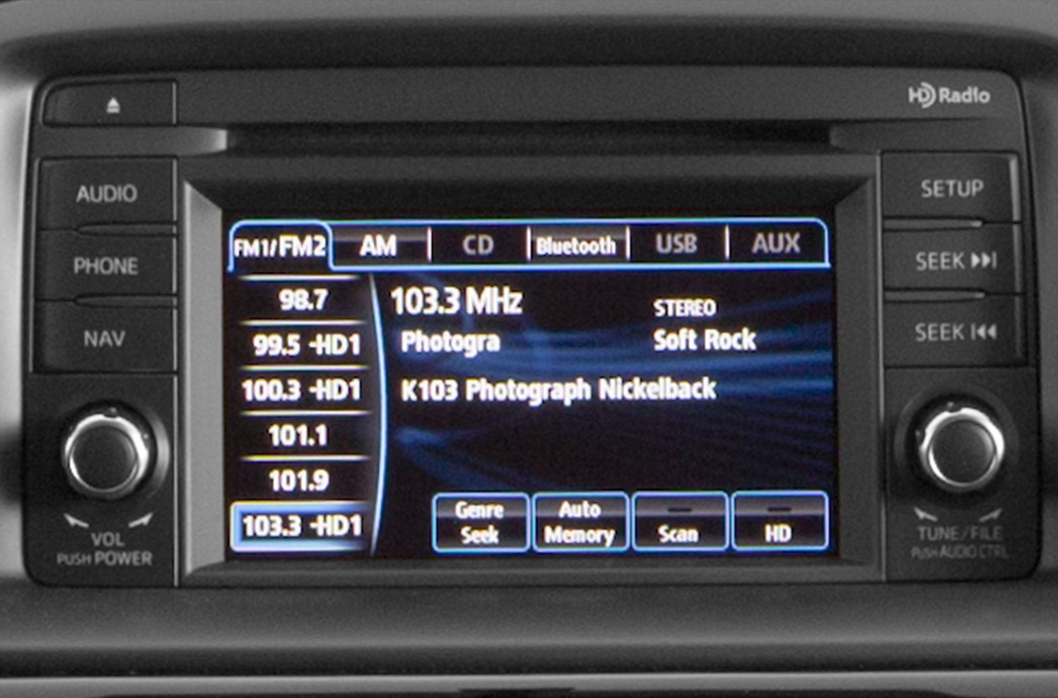 Car infotainment display with HD Radio, Bluetooth, USB, and AUX connectivity