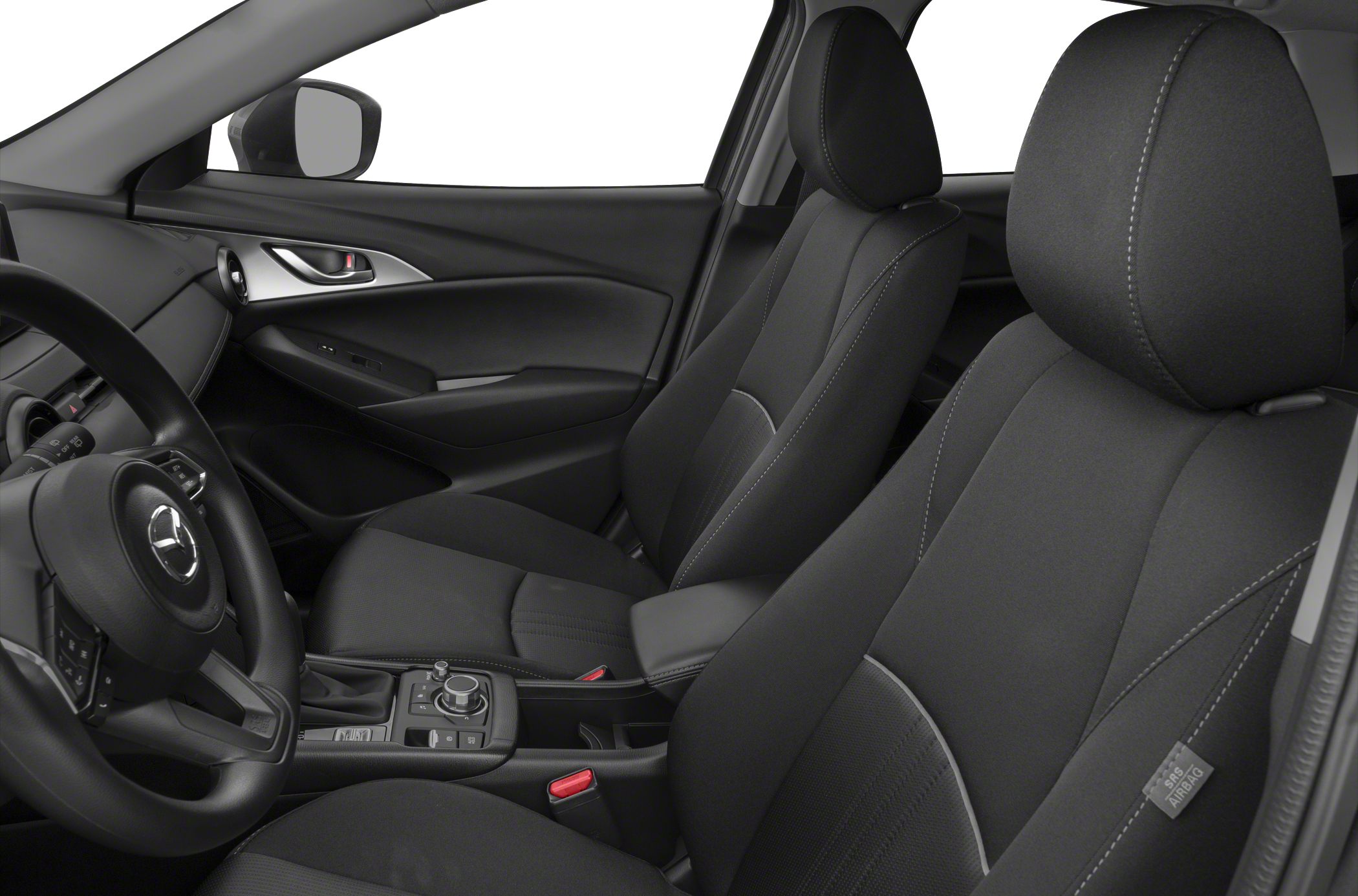 Modern black front seats and dashboard interior with steering wheel and center console