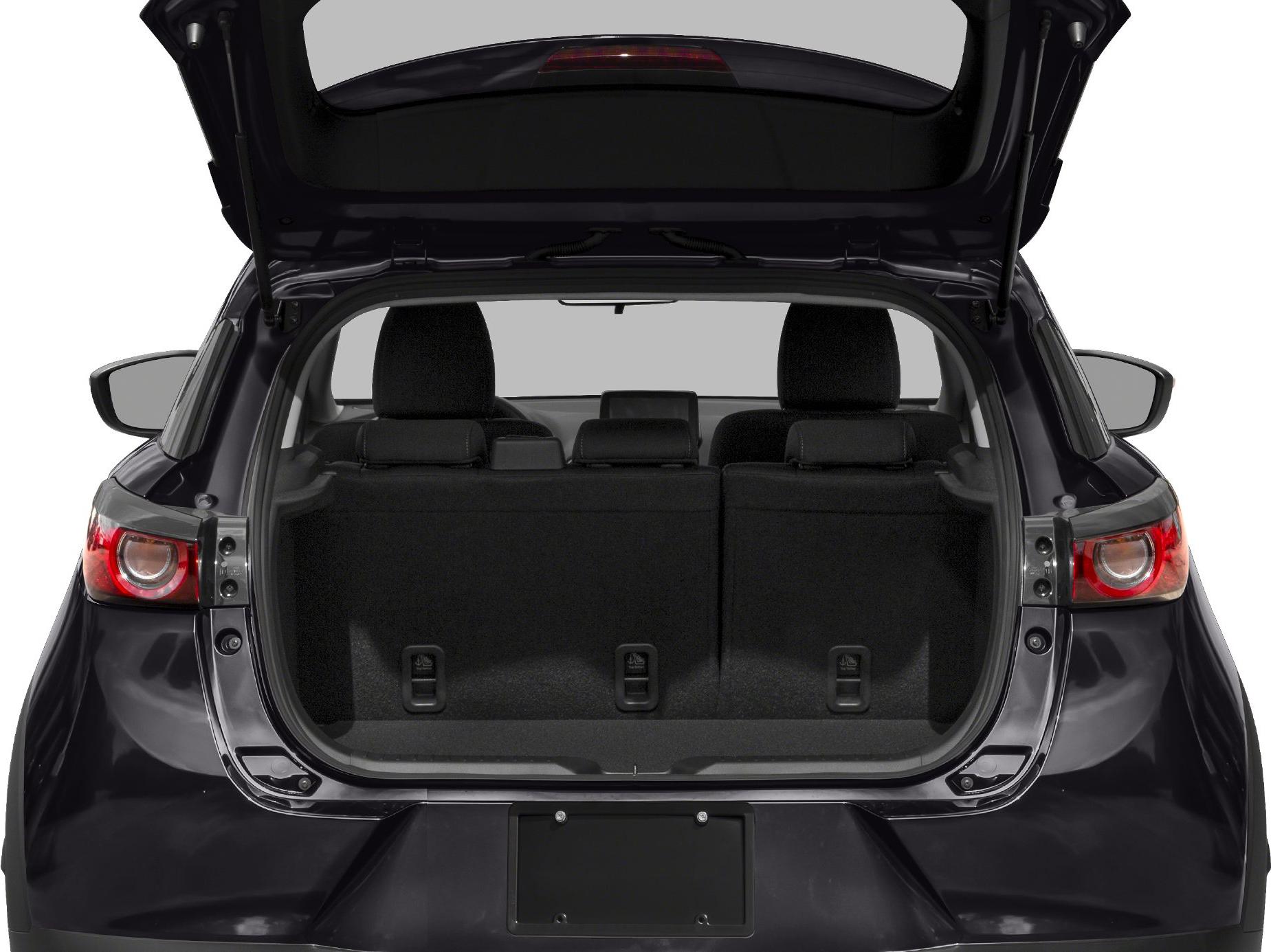 Open rear trunk showing spacious hatchback cargo space and rear seats.