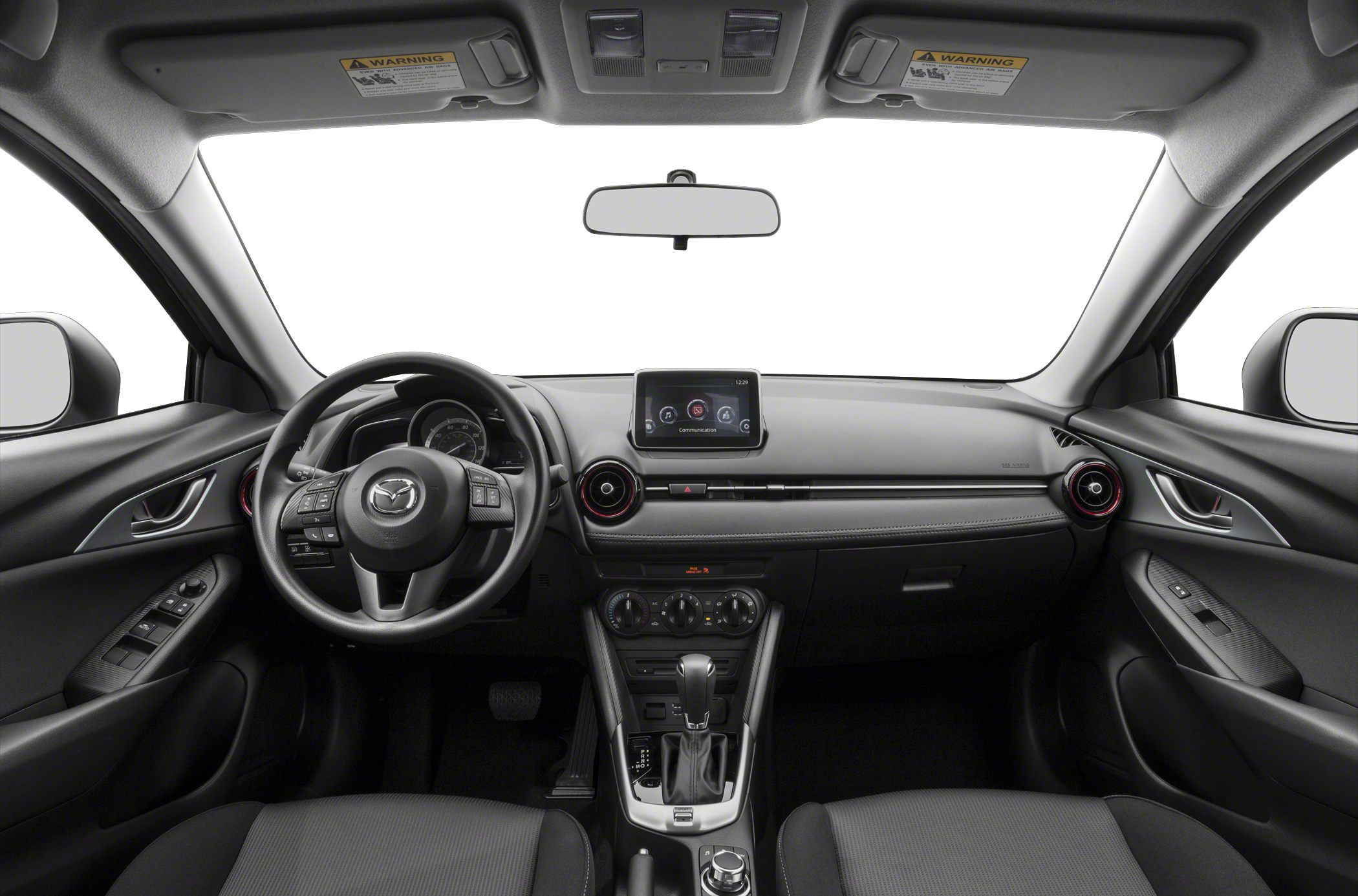 Car interior dashboard with infotainment screen and steering wheel controls