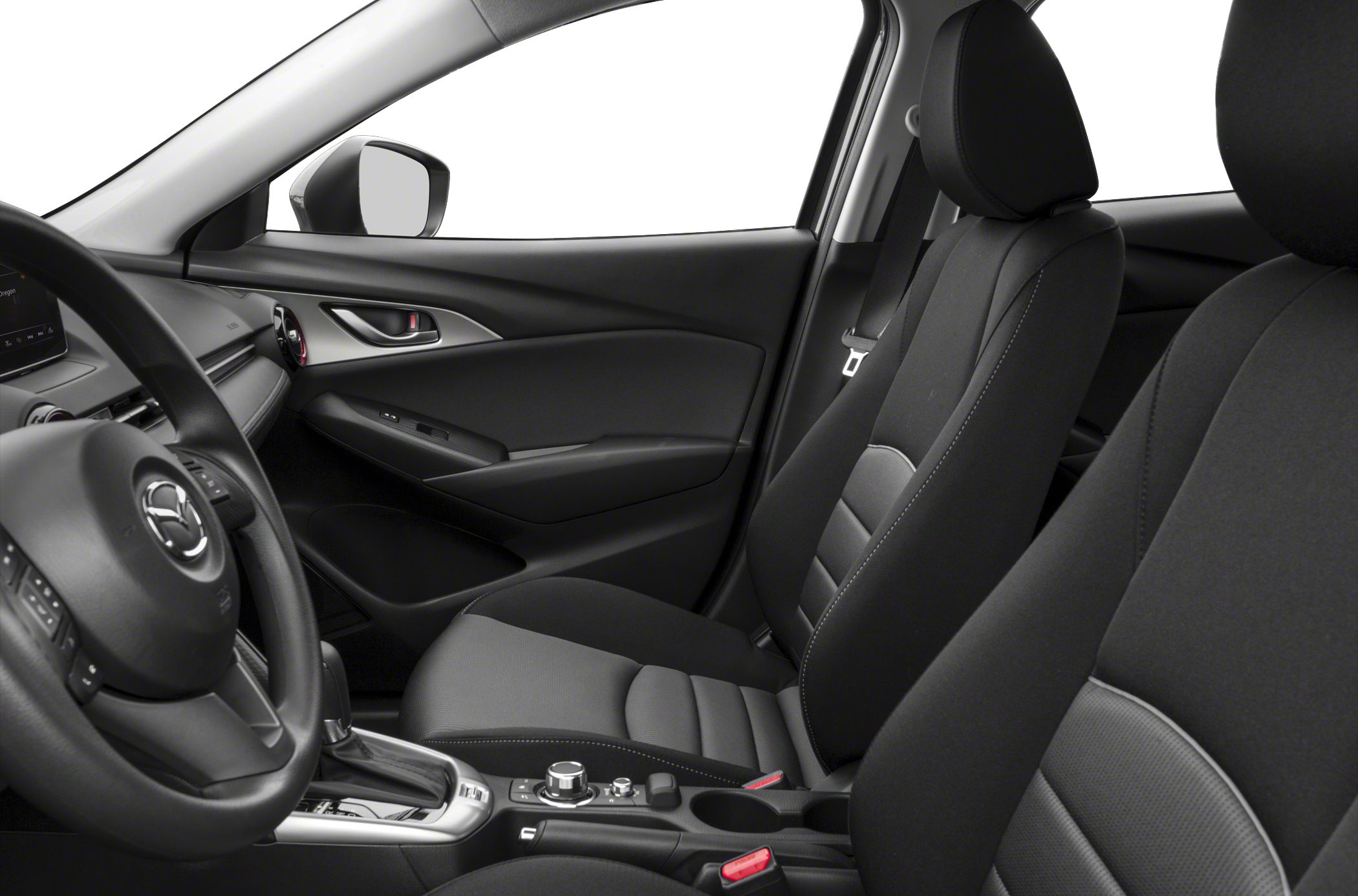 Front interior with black cloth seats and dashboard controls