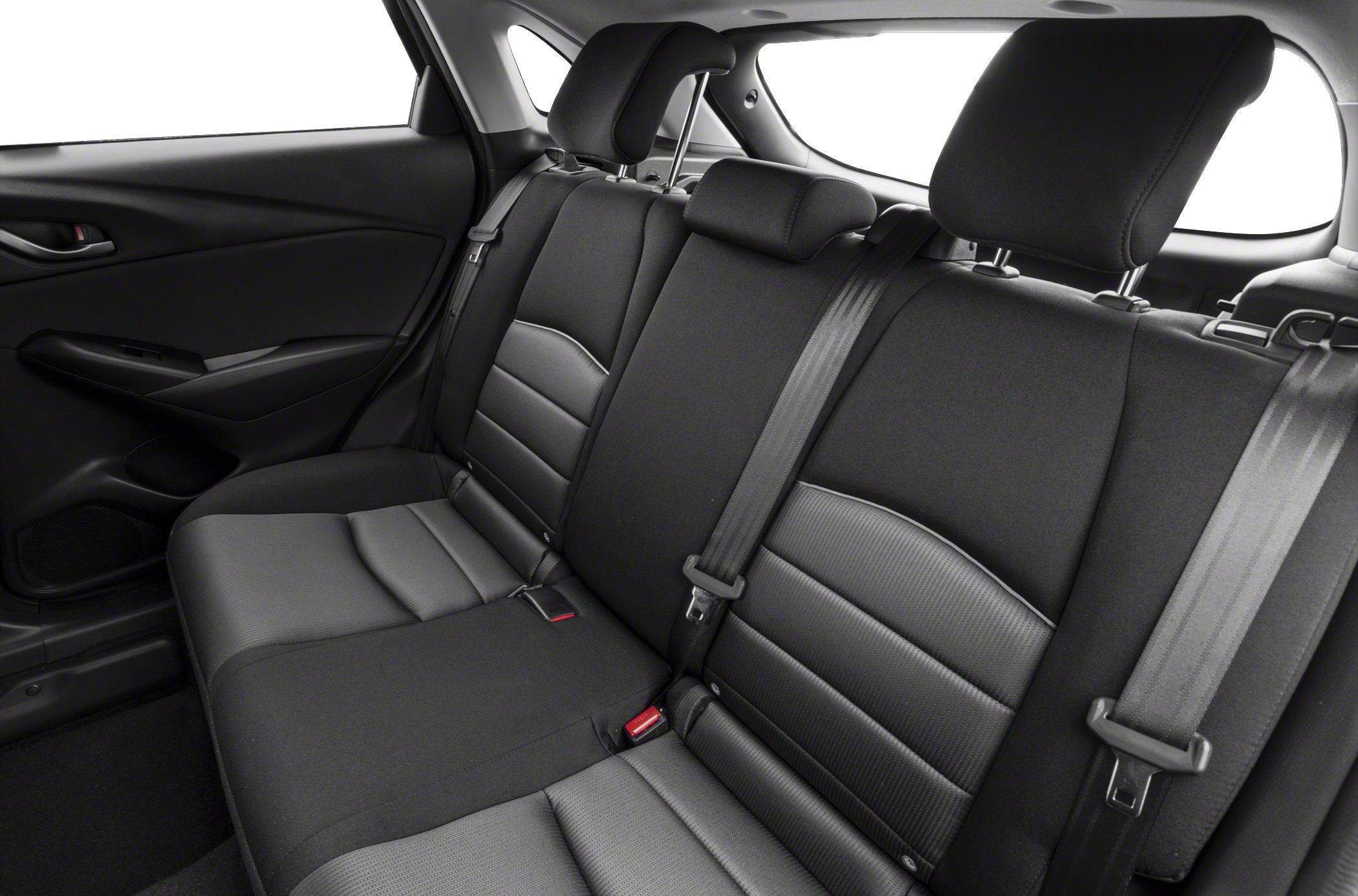 Three-seat rear interior with adjustable headrests and seat belts