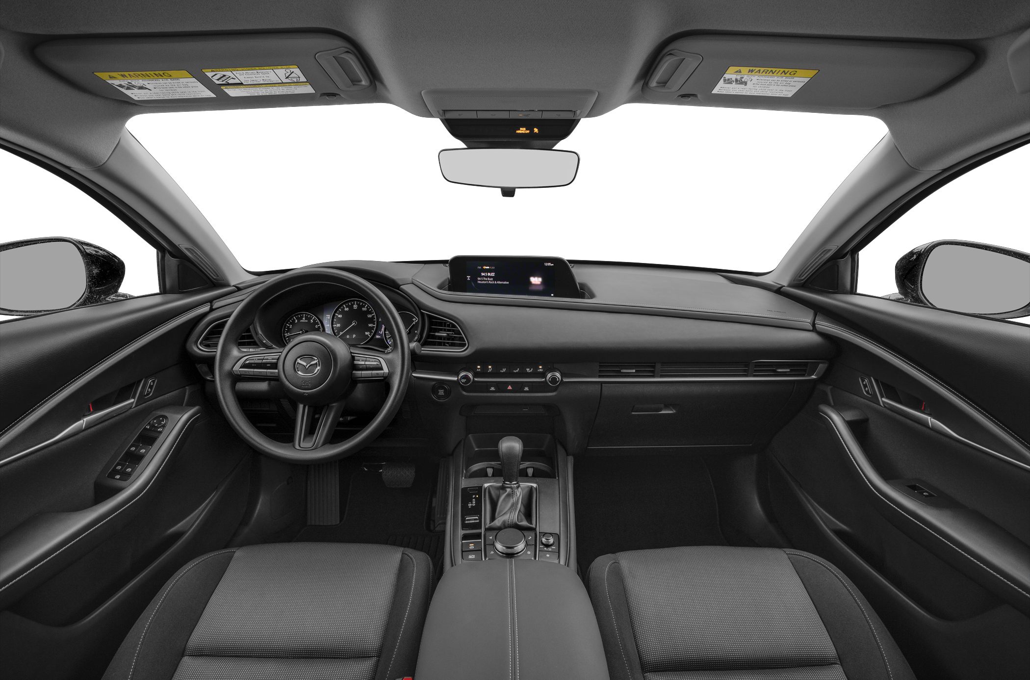 Dashboard with infotainment screen and steering wheel controls in modern interior