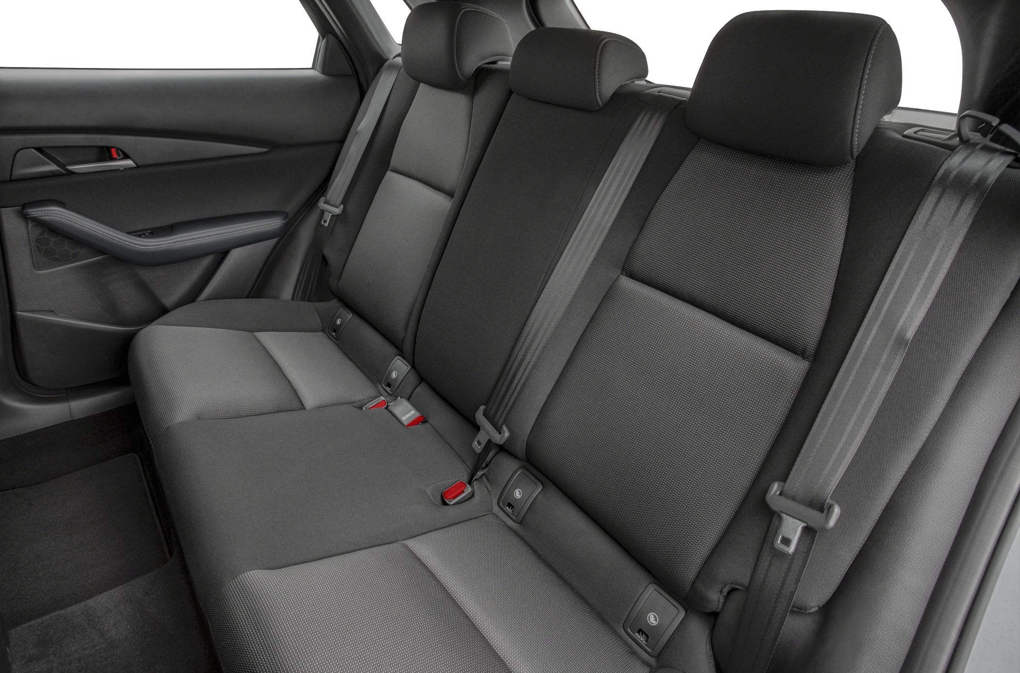 Black fabric rear seats with seatbelts and headrests
