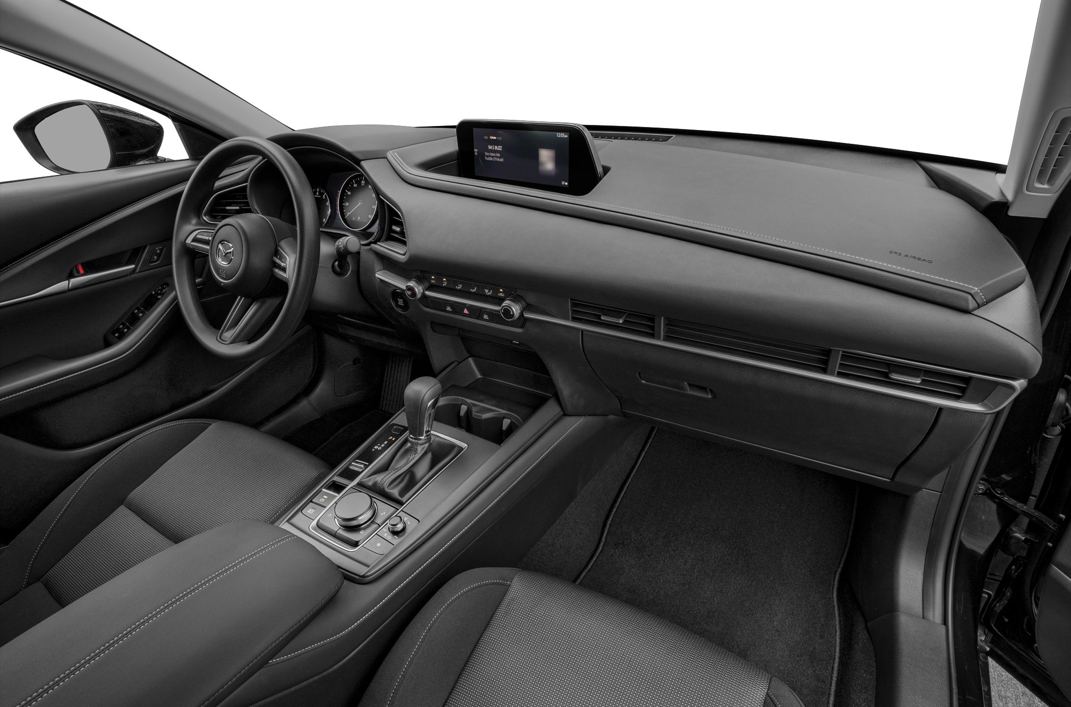 Modern car interior with dashboard, digital display, and steering wheel