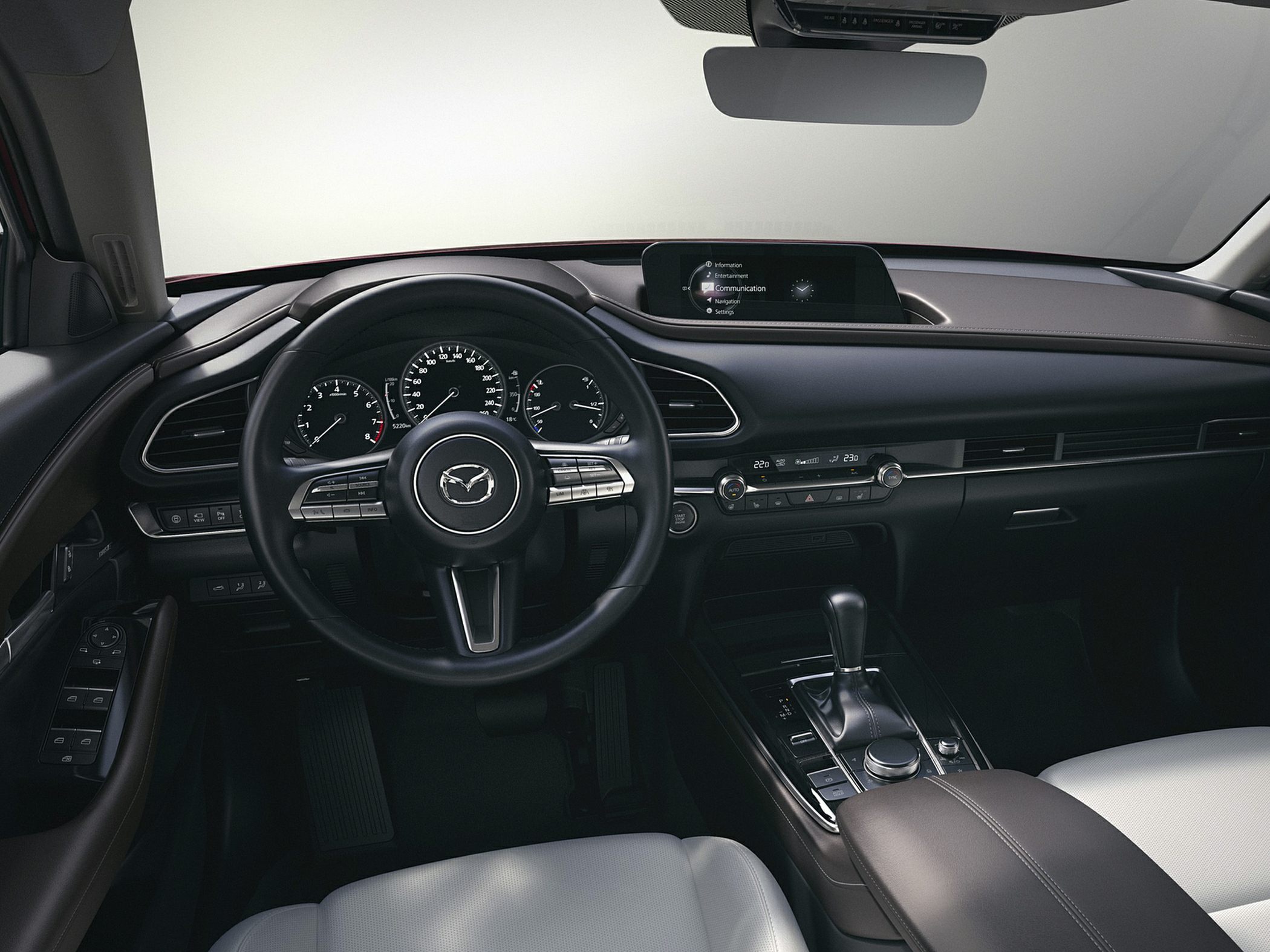 Interior dashboard with multifunction steering wheel and infotainment display